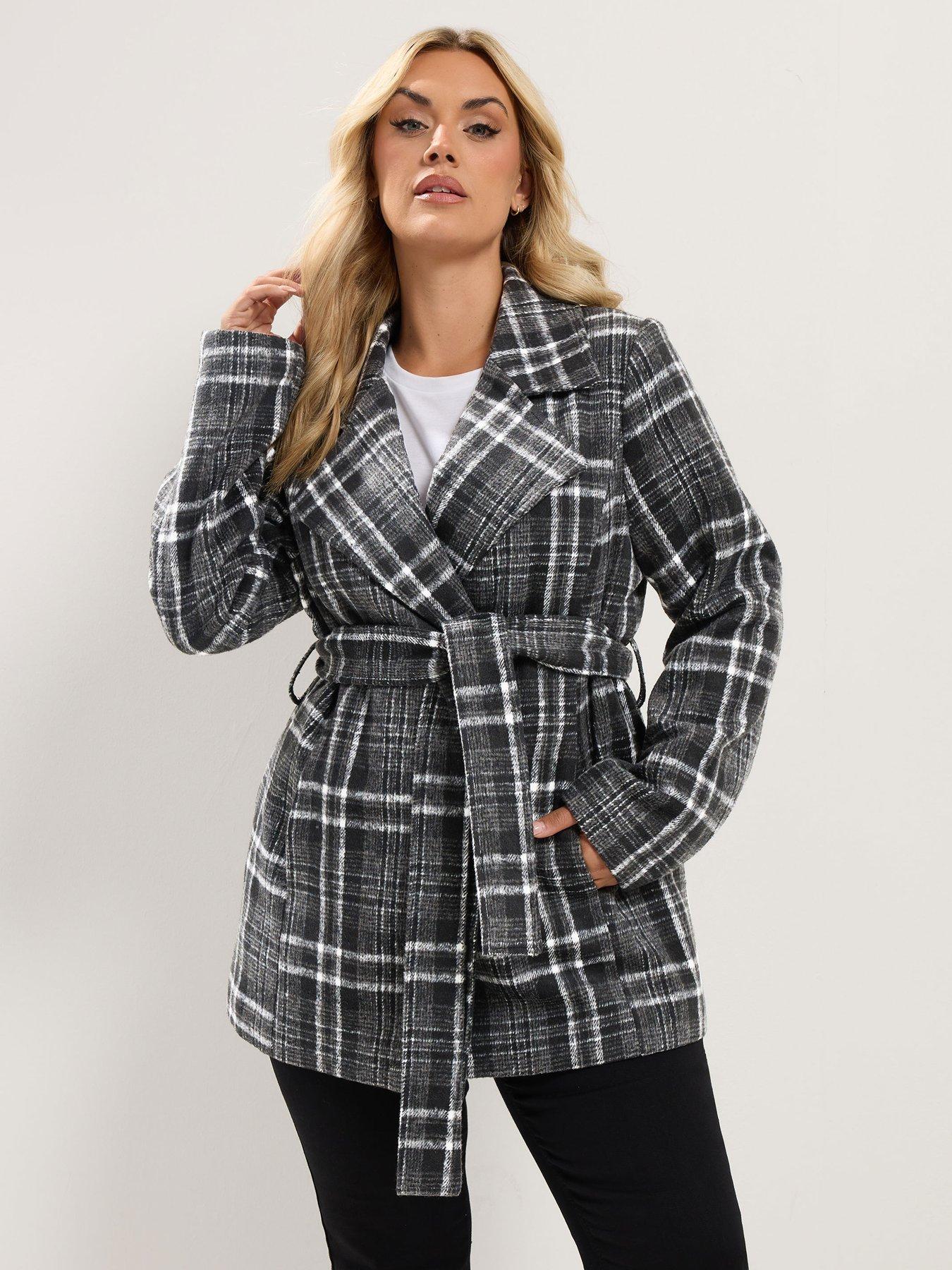 Image 4 of 4 of Yours Womens Curve Wrap Belted Check Coat - Black