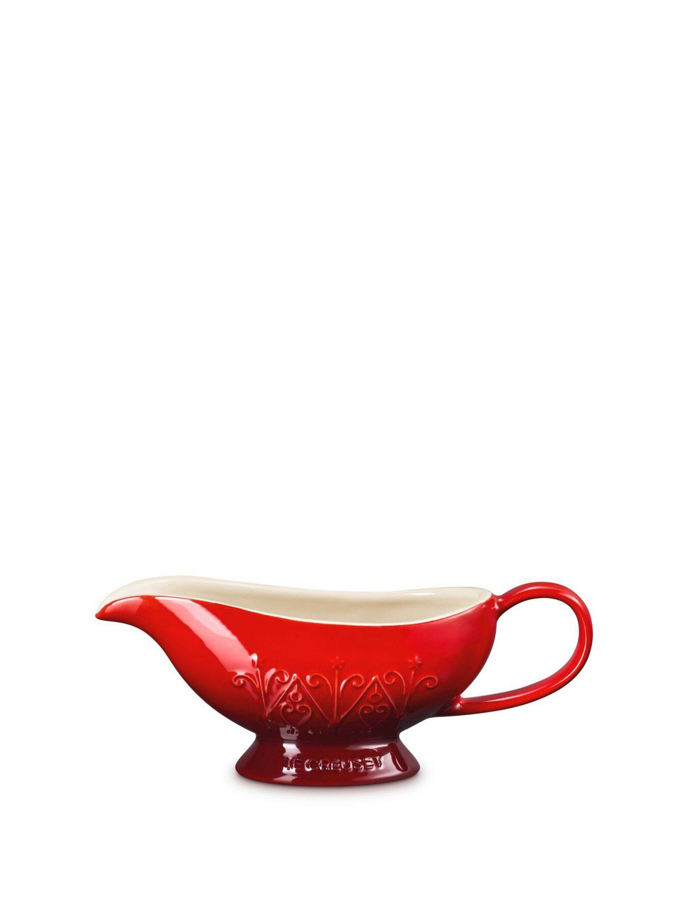 Image 2 of 6 of Le Creuset Stoneware Heritage Sauce Jug Christmas Relief Cerise