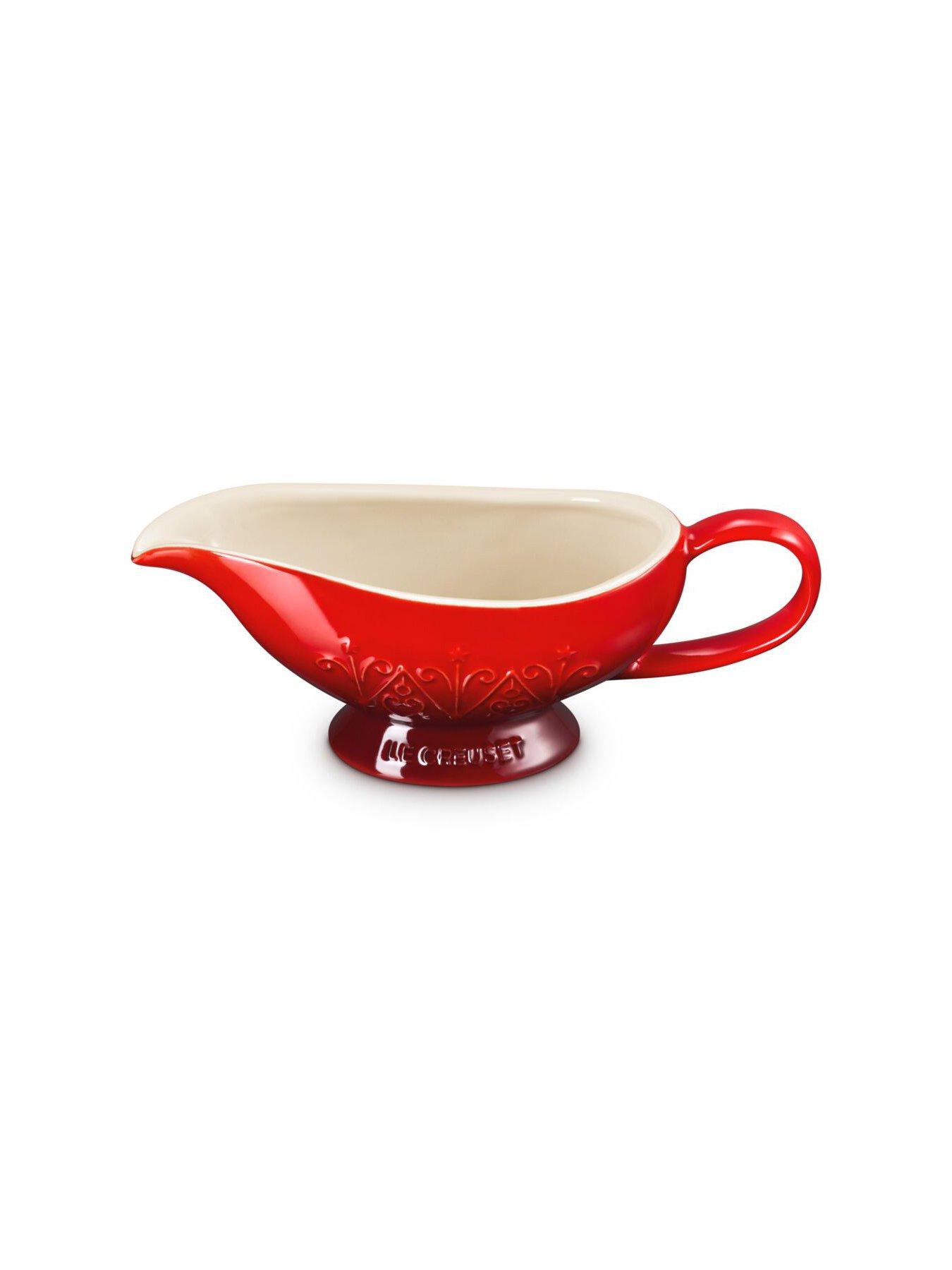 Image 3 of 6 of Le Creuset Stoneware Heritage Sauce Jug Christmas Relief Cerise