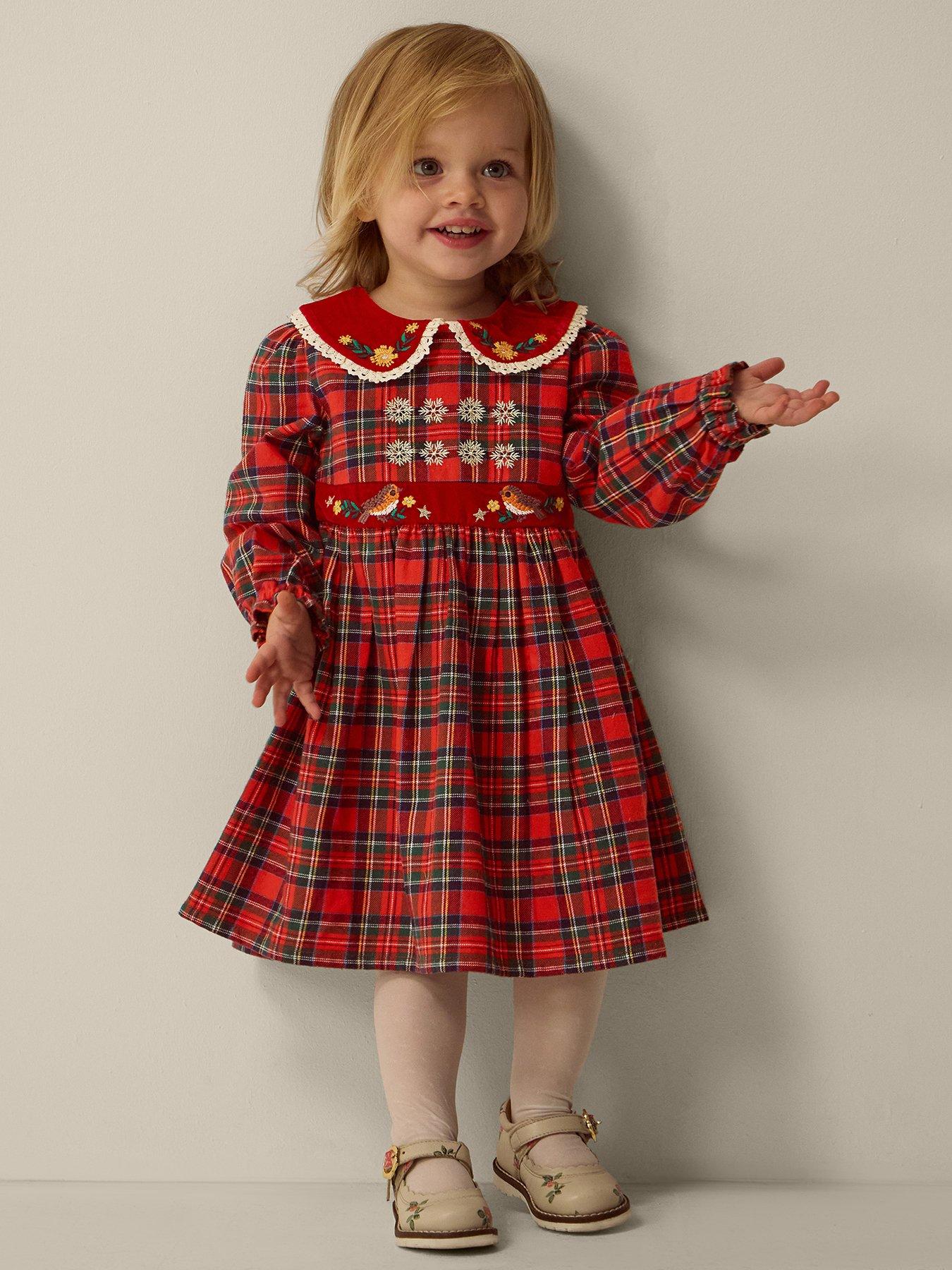 Image 1 of 4 of Monsoon Baby Girls Tartan Embroidered Peter Pan Collar Dress - Red