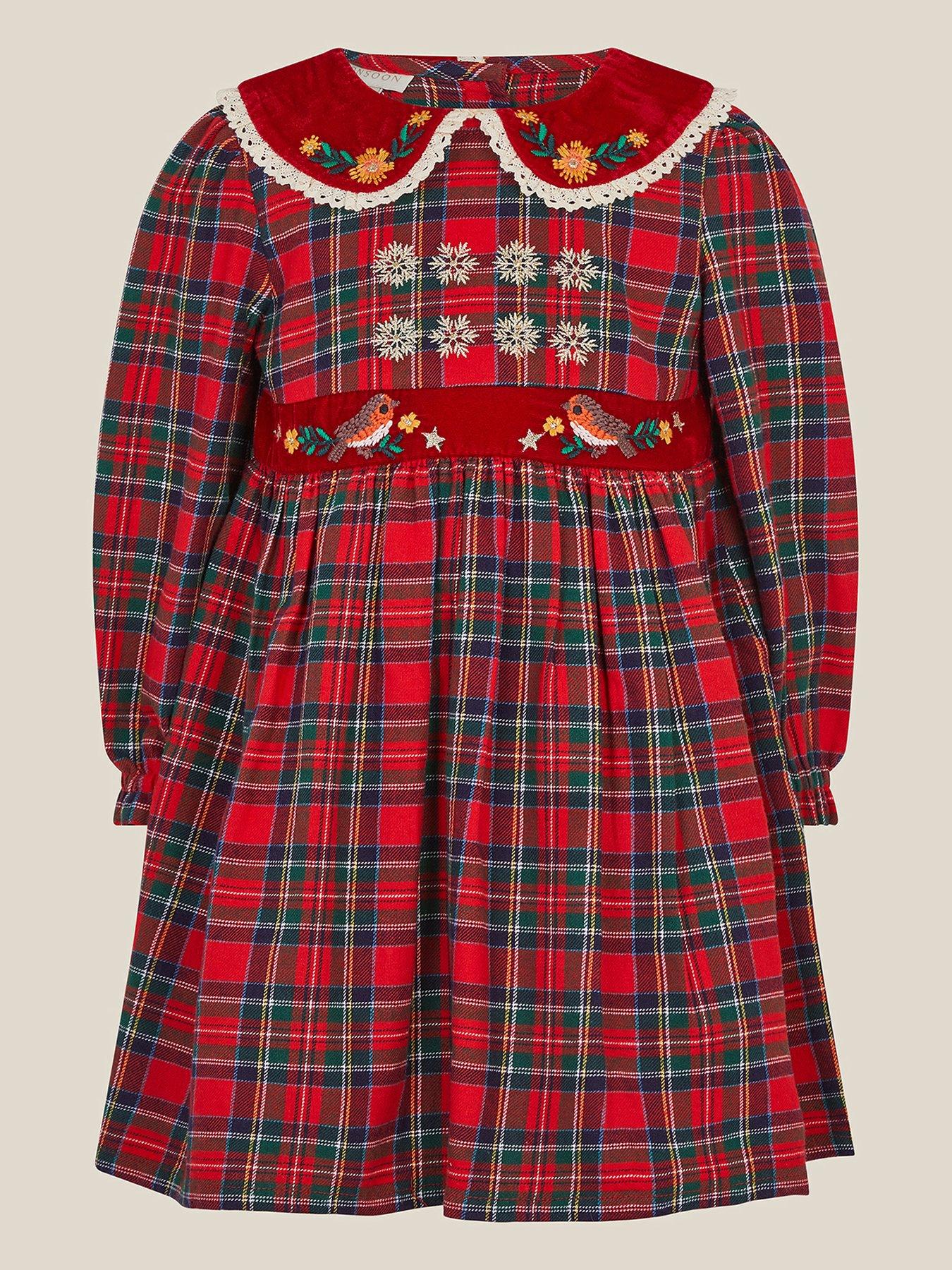 Image 2 of 4 of Monsoon Baby Girls Tartan Embroidered Peter Pan Collar Dress - Red