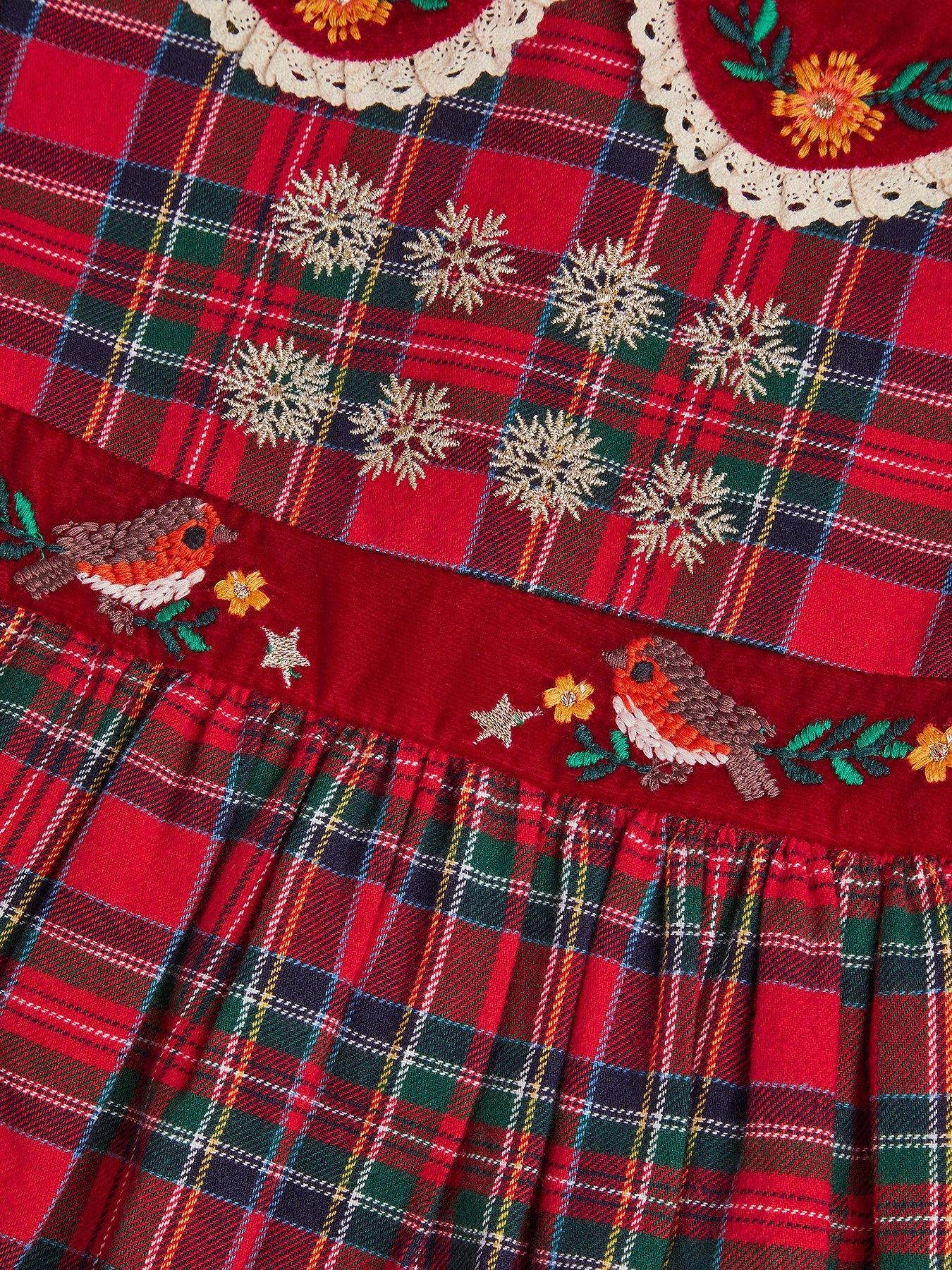 Image 4 of 4 of Monsoon Baby Girls Tartan Embroidered Peter Pan Collar Dress - Red