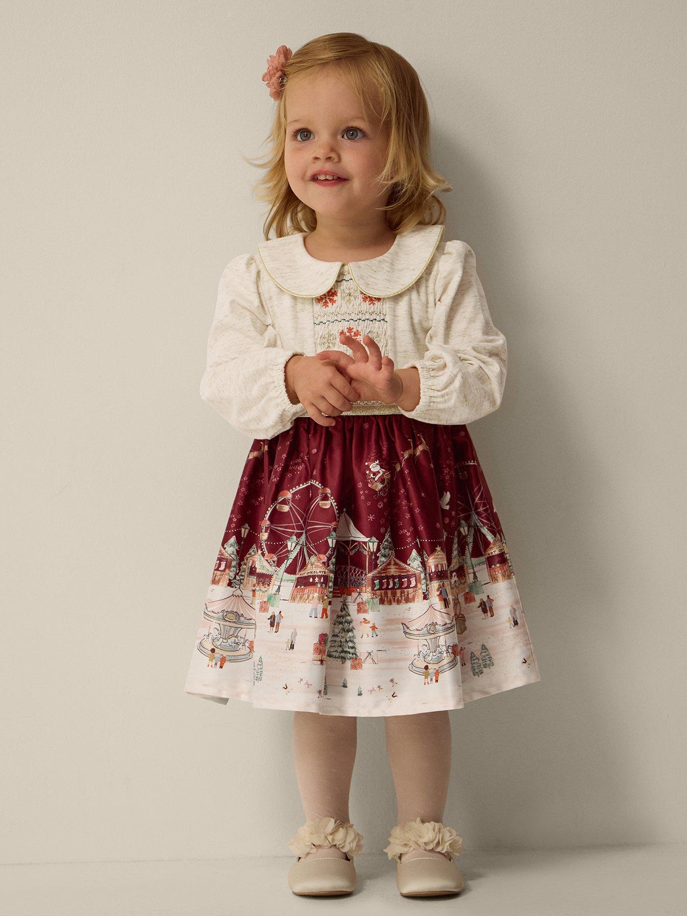 Image 1 of 4 of Monsoon Baby Girls Peter Pan Collar Dress With Headband - Dark Red