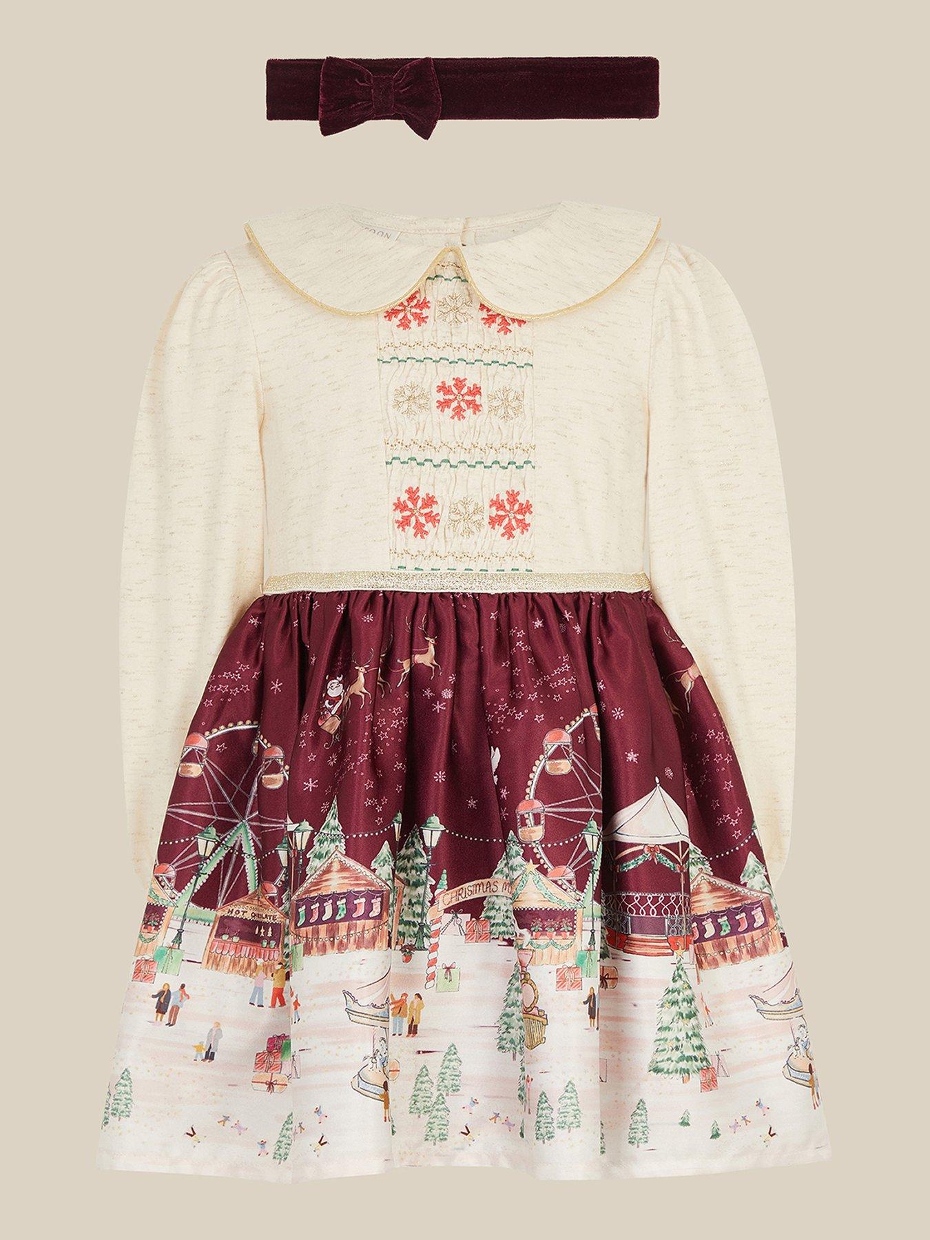 Image 2 of 4 of Monsoon Baby Girls Peter Pan Collar Dress With Headband - Dark Red