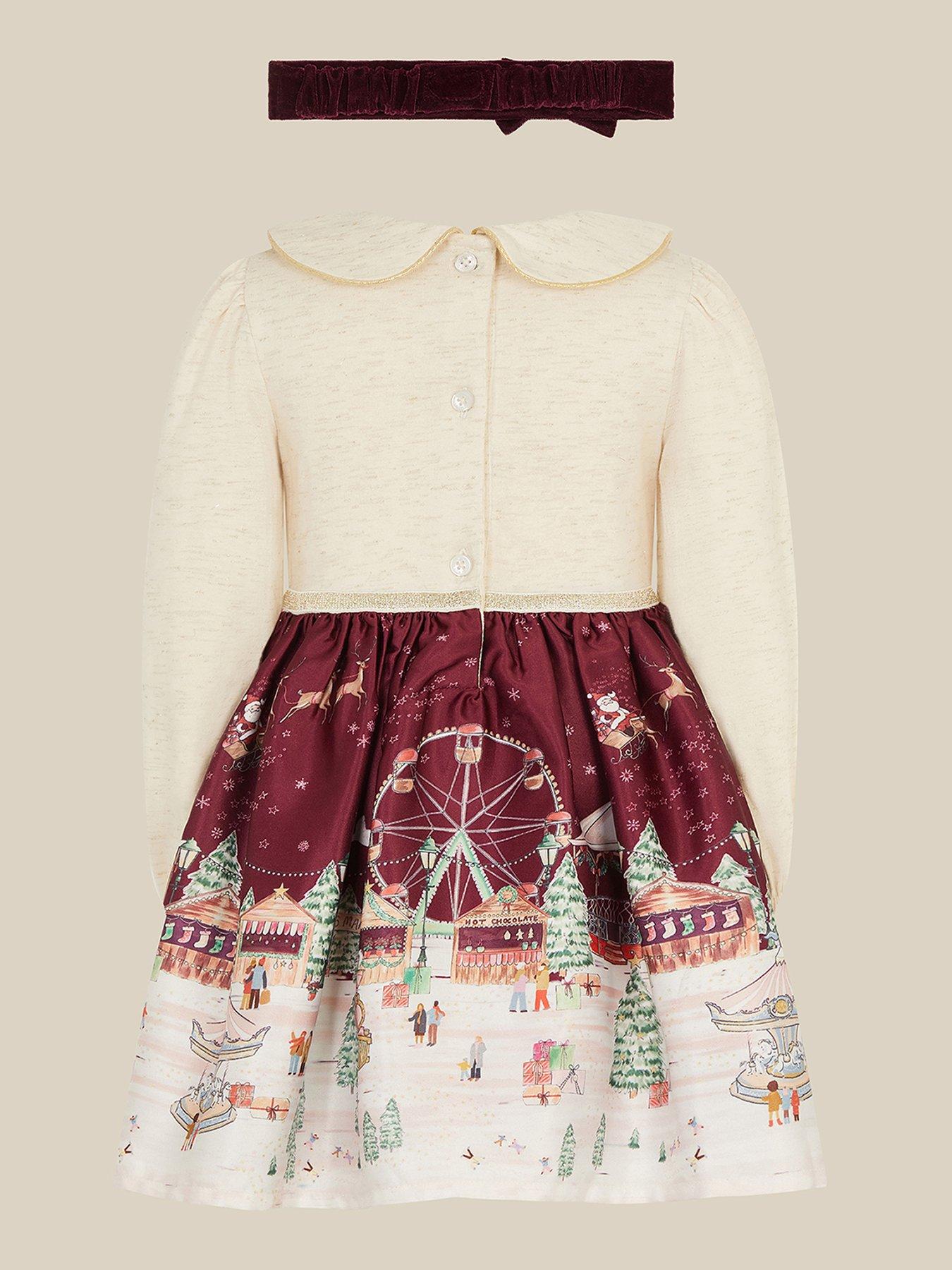Image 3 of 4 of Monsoon Baby Girls Peter Pan Collar Dress With Headband - Dark Red