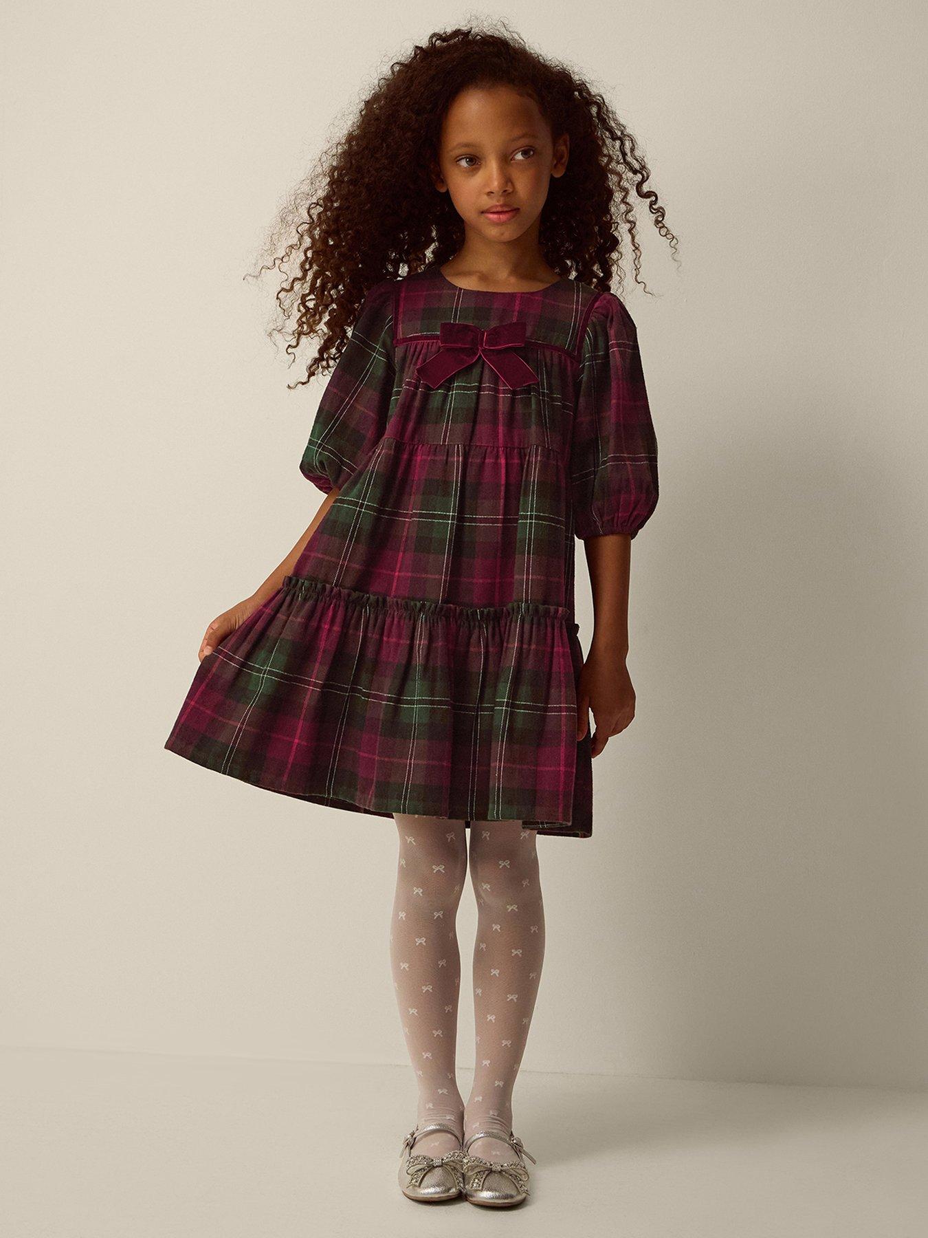 Image 1 of 4 of Monsoon Girls Tartan Check Velvet Bow Dress - Red