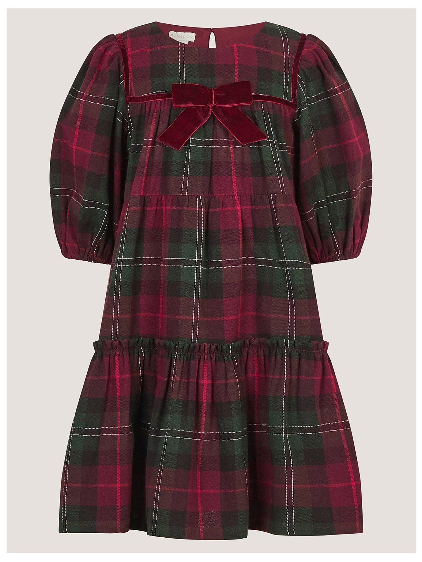 Image 2 of 4 of Monsoon Girls Tartan Check Velvet Bow Dress - Red