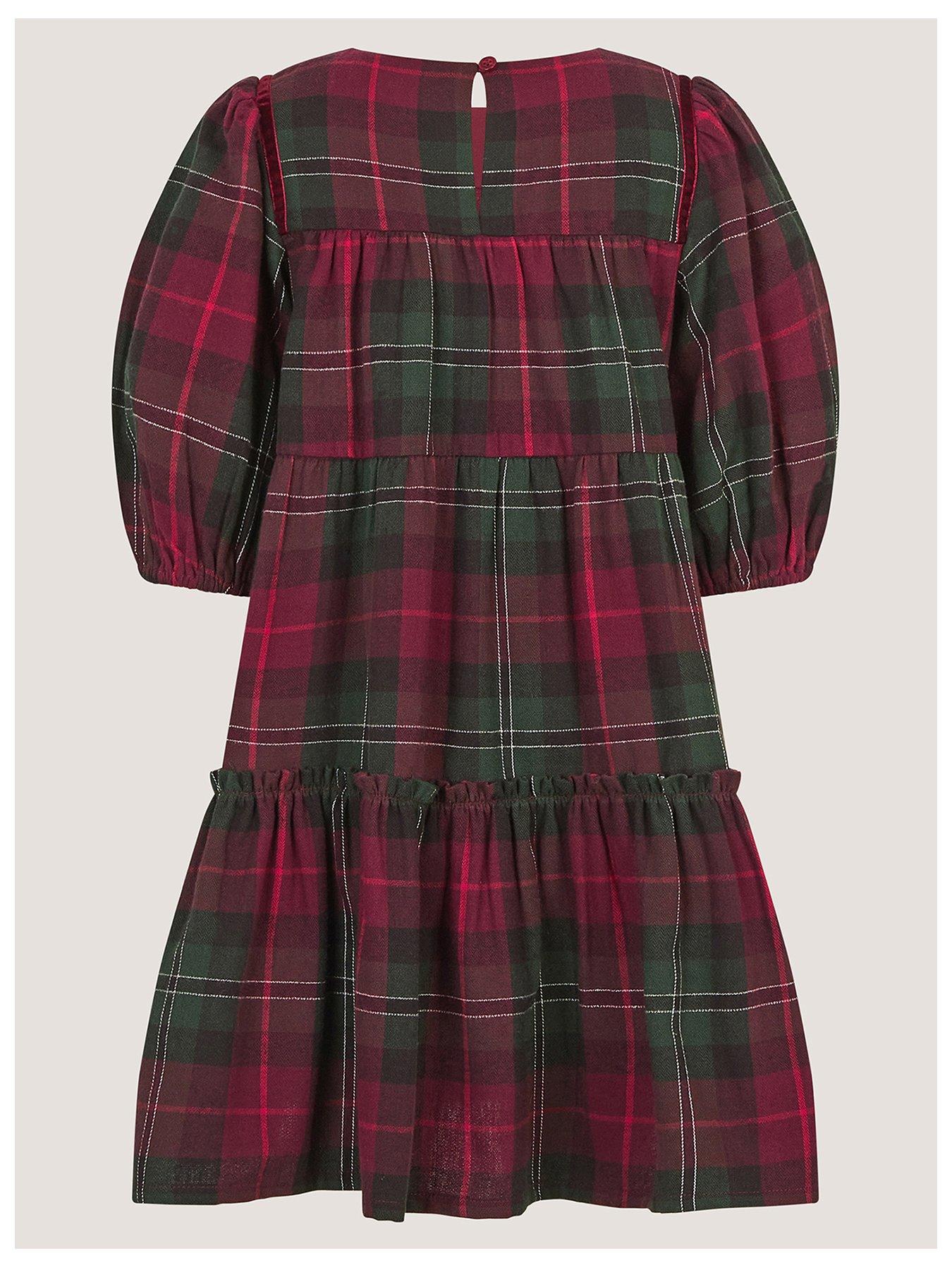 Image 3 of 4 of Monsoon Girls Tartan Check Velvet Bow Dress - Red