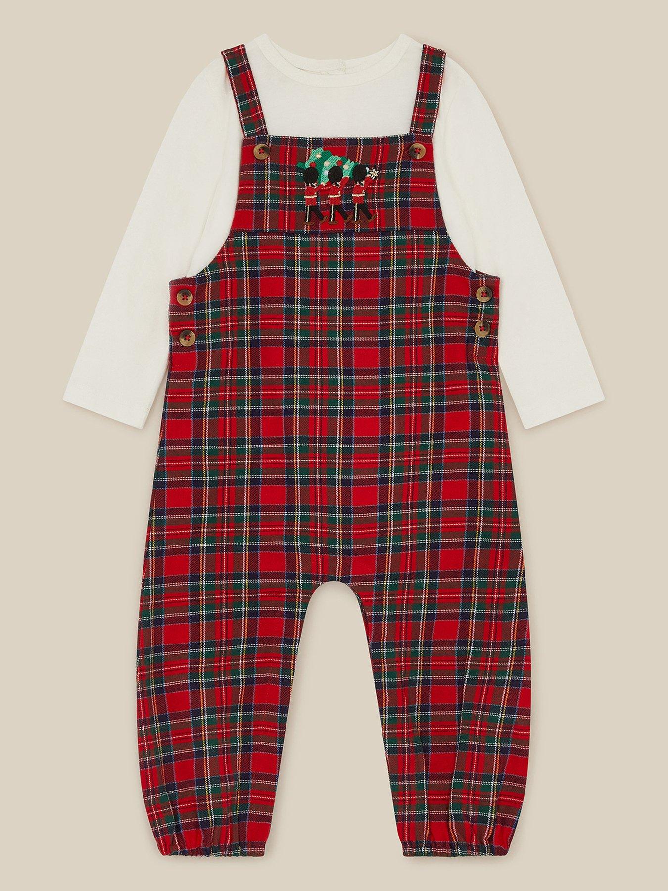 Image 1 of 3 of Monsoon Boys Christmas Check Button Strap Dungarees - Red