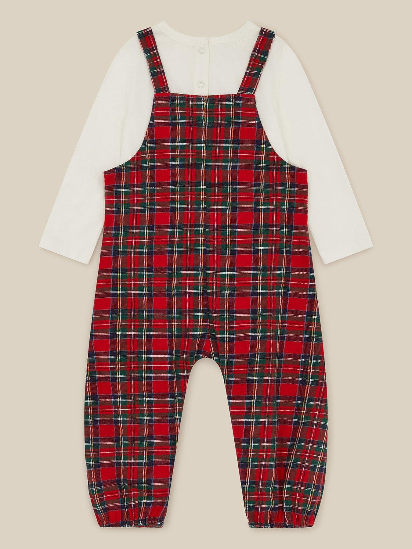 Image 2 of 3 of Monsoon Boys Christmas Check Button Strap Dungarees - Red