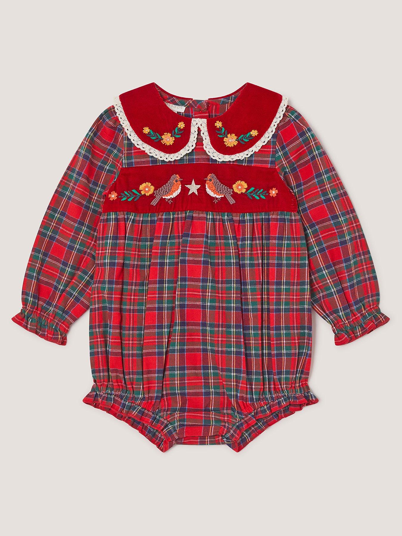 Image 1 of 3 of Monsoon Baby Girls Christmas Tartan Robin Romper - Red