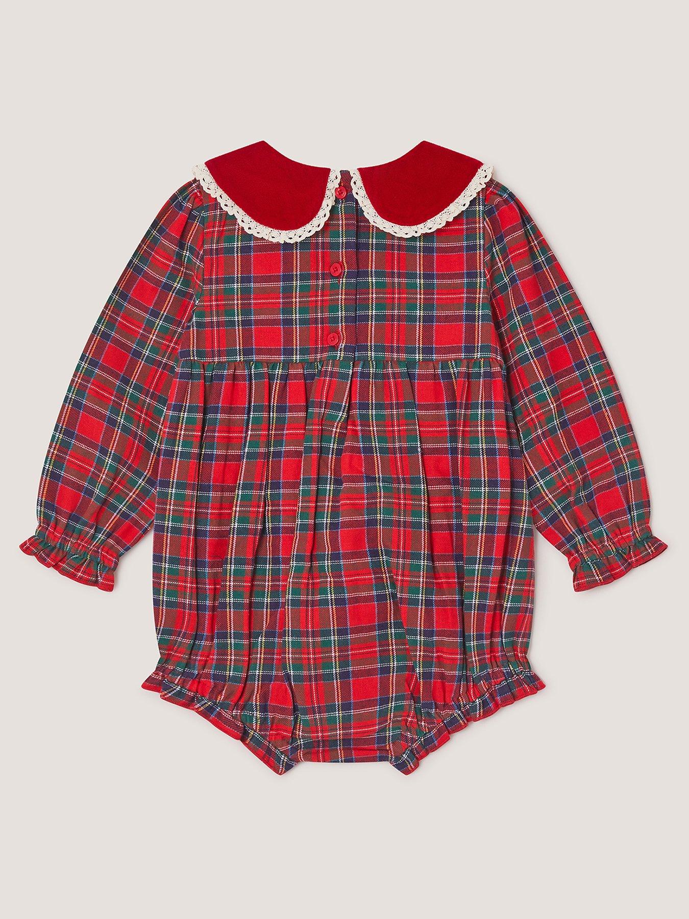 Image 2 of 3 of Monsoon Baby Girls Christmas Tartan Robin Romper - Red