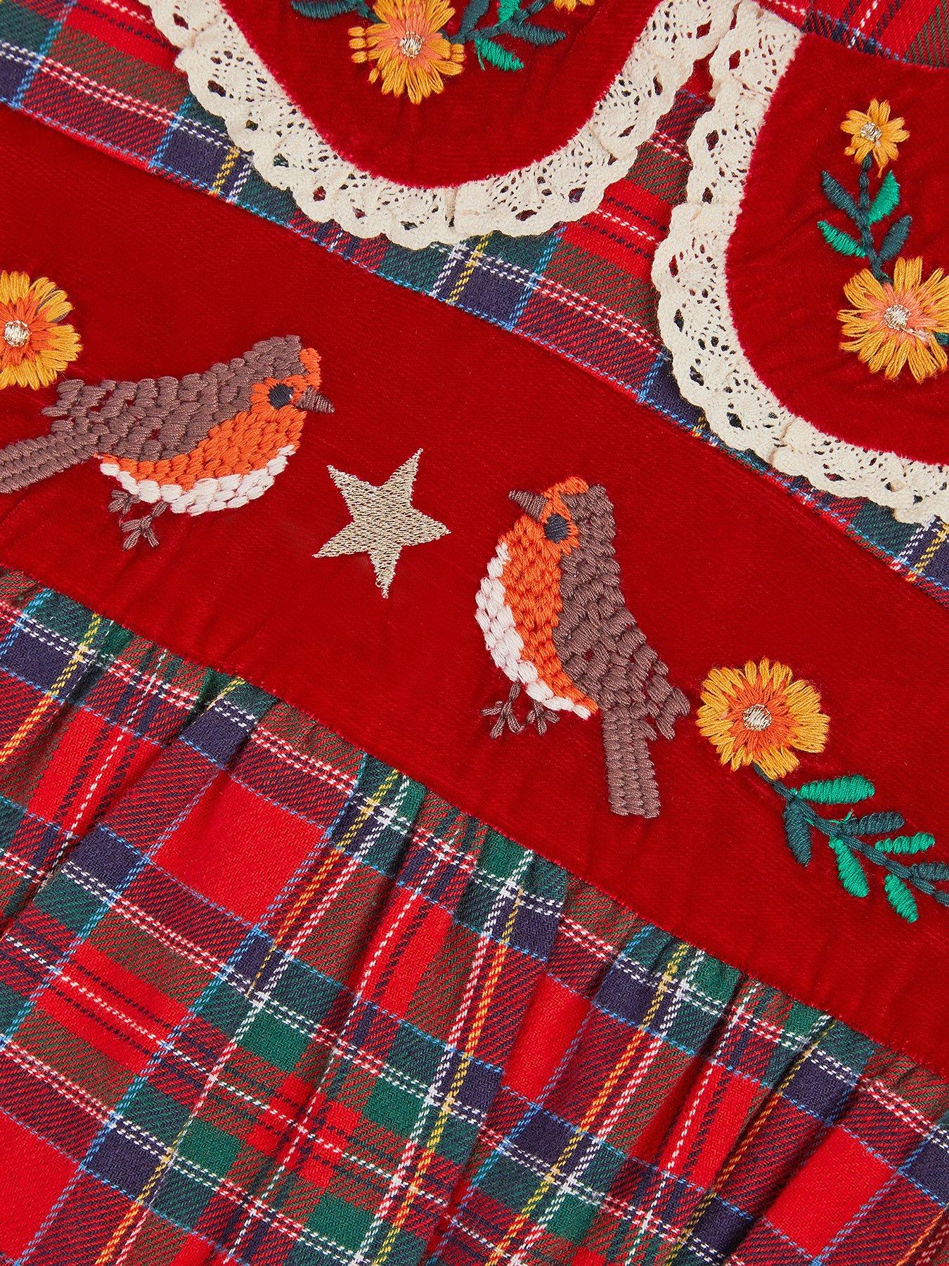 Image 3 of 3 of Monsoon Baby Girls Christmas Tartan Robin Romper - Red