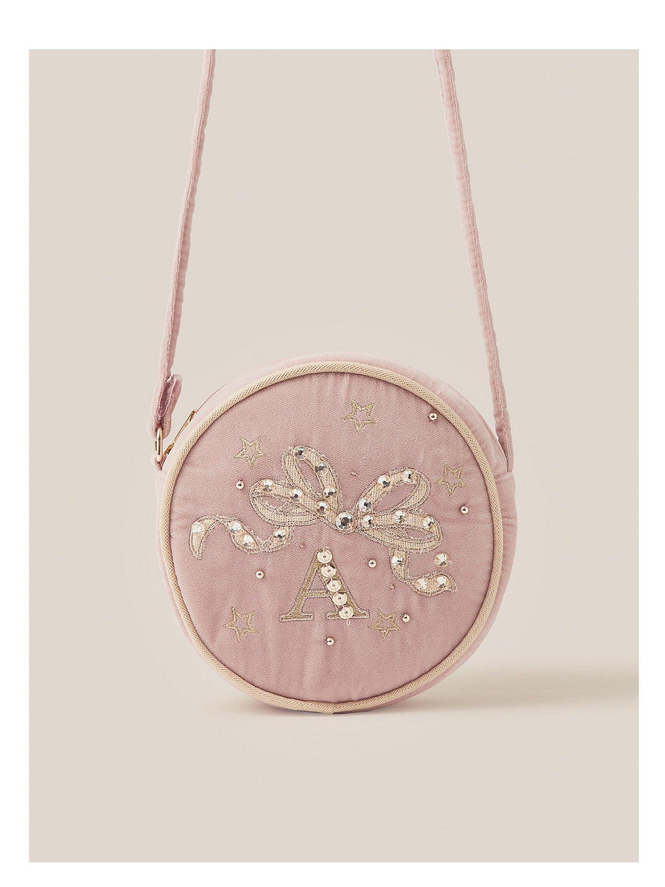 Image 1 of 5 of Monsoon Girls Embroidered Initial Sequin Zip Round Bag - Pink