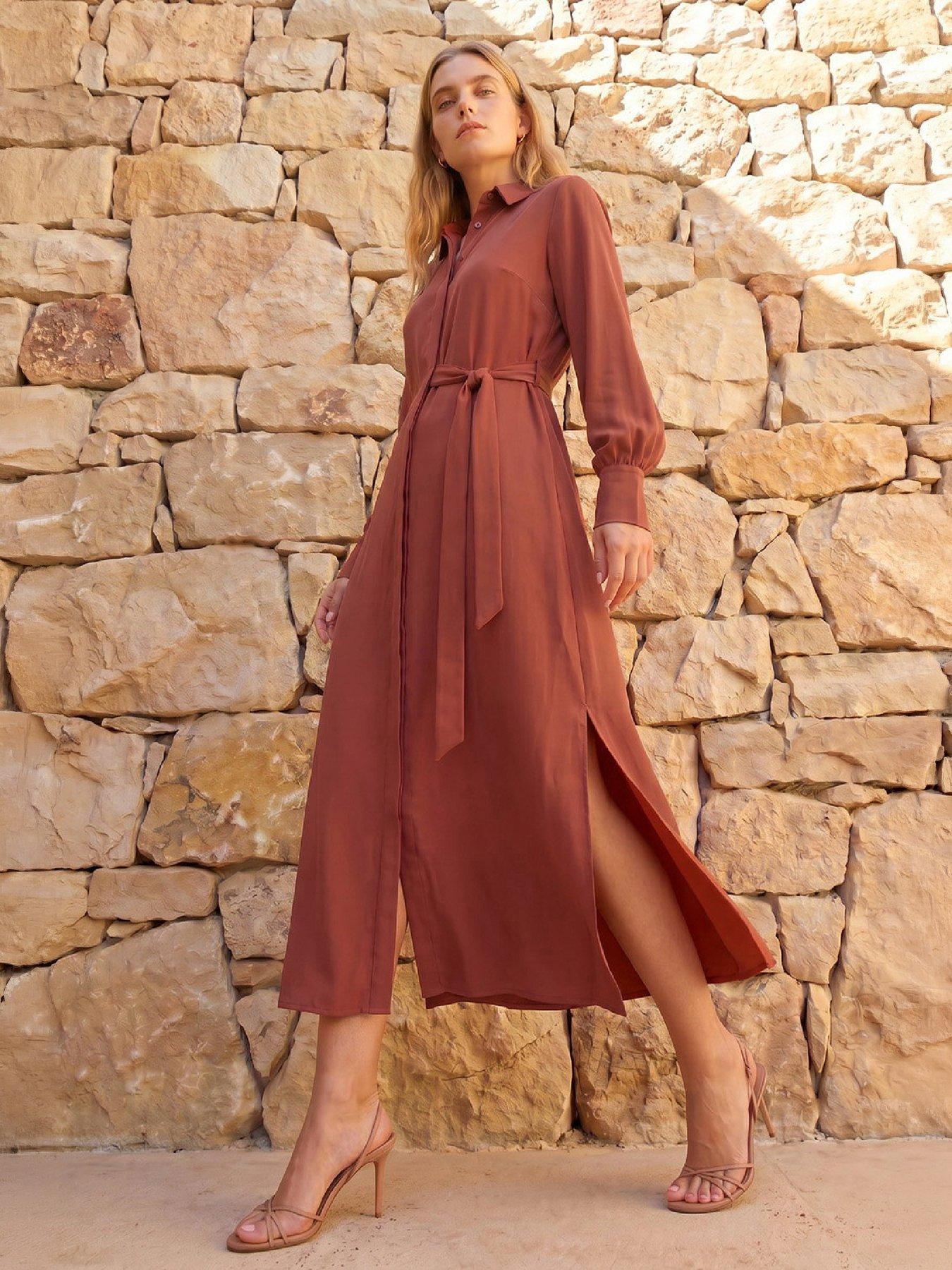Roman Women's Copper Tie Waist Buttoned Shirt Dress In | Size: 20 - Image 3