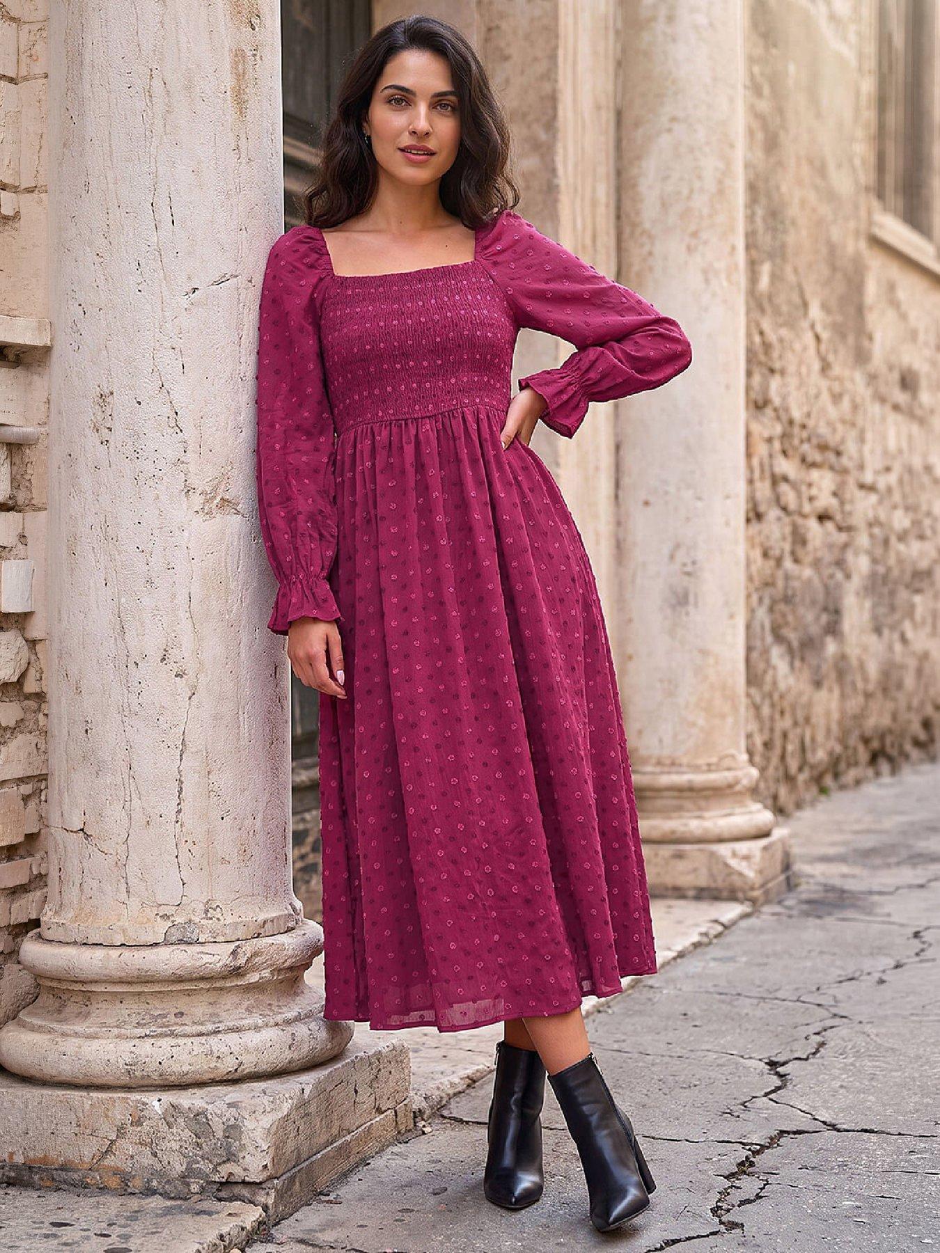 Image 1 of 4 of Roman Dusk Dobby Print Shirred Midi Dress