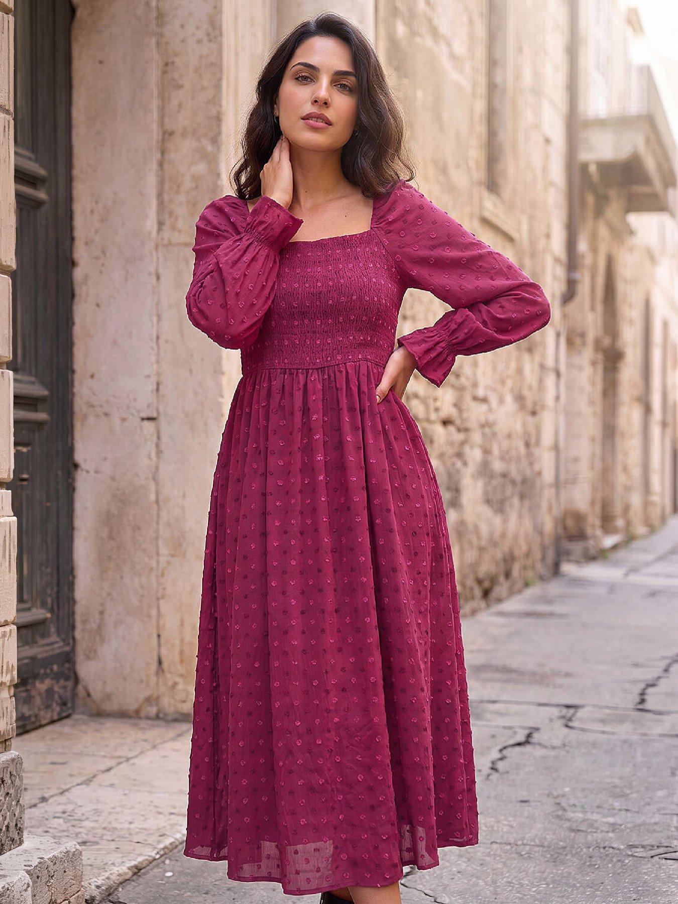 Image 3 of 4 of Roman Dusk Dobby Print Shirred Midi Dress