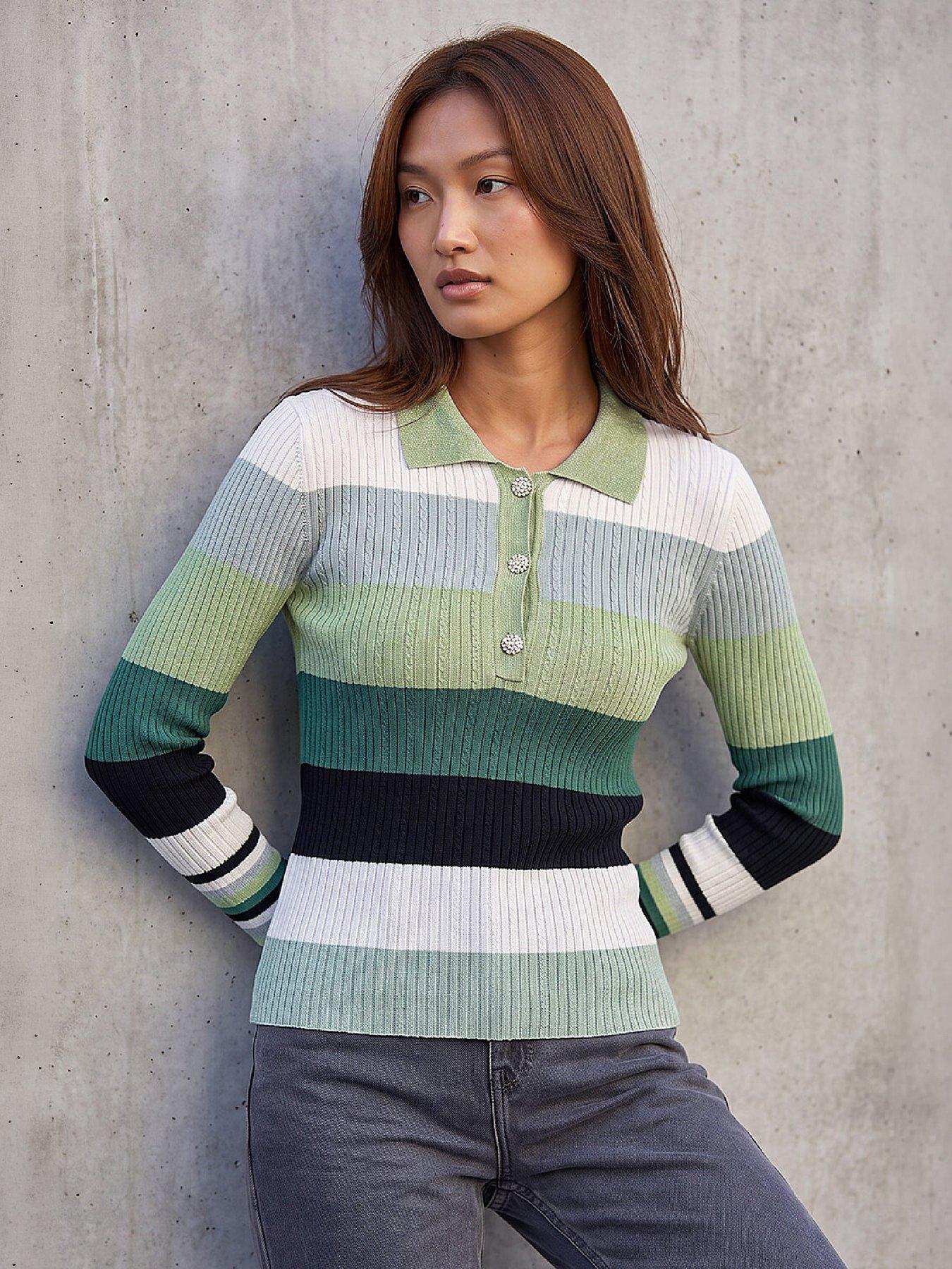 Roman Stripe Collar Rib Knit, Green, Size 20, Women