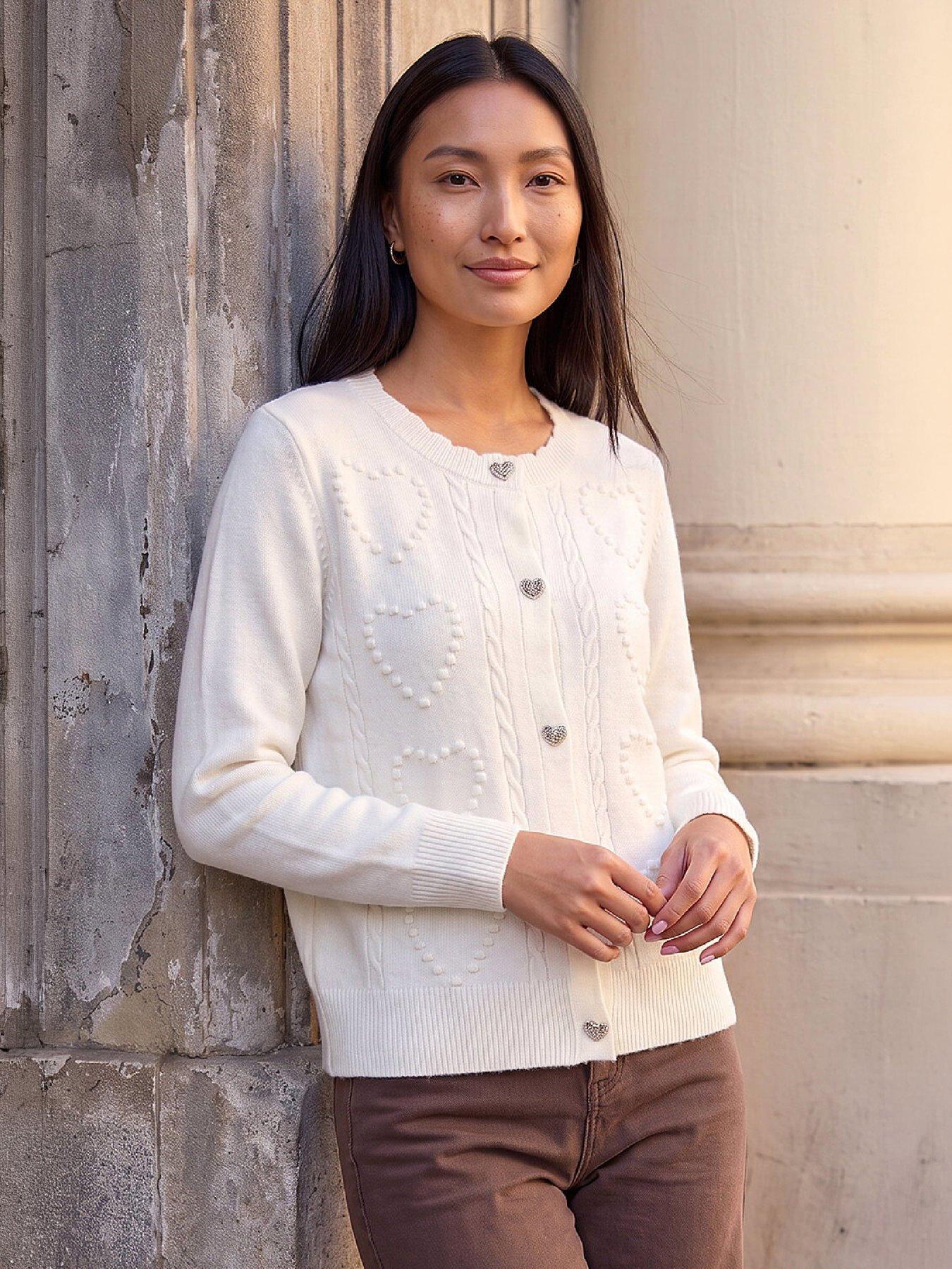 Roman Women's Heart Stitch Knit Cardigan Sweater in Ivory | Size: 10 - Image 2