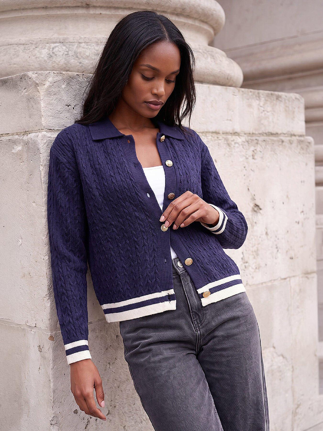 Roman Women's Navy Cable Collared Knit Cardigan In Size 16 - Image 7