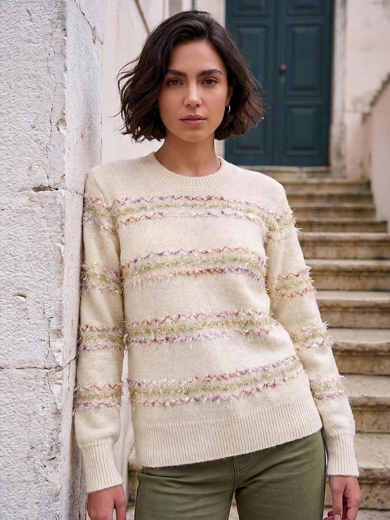 Roman Women's Textured Stripe Knit Jumper in Ivory | Size: 20 - Image 7