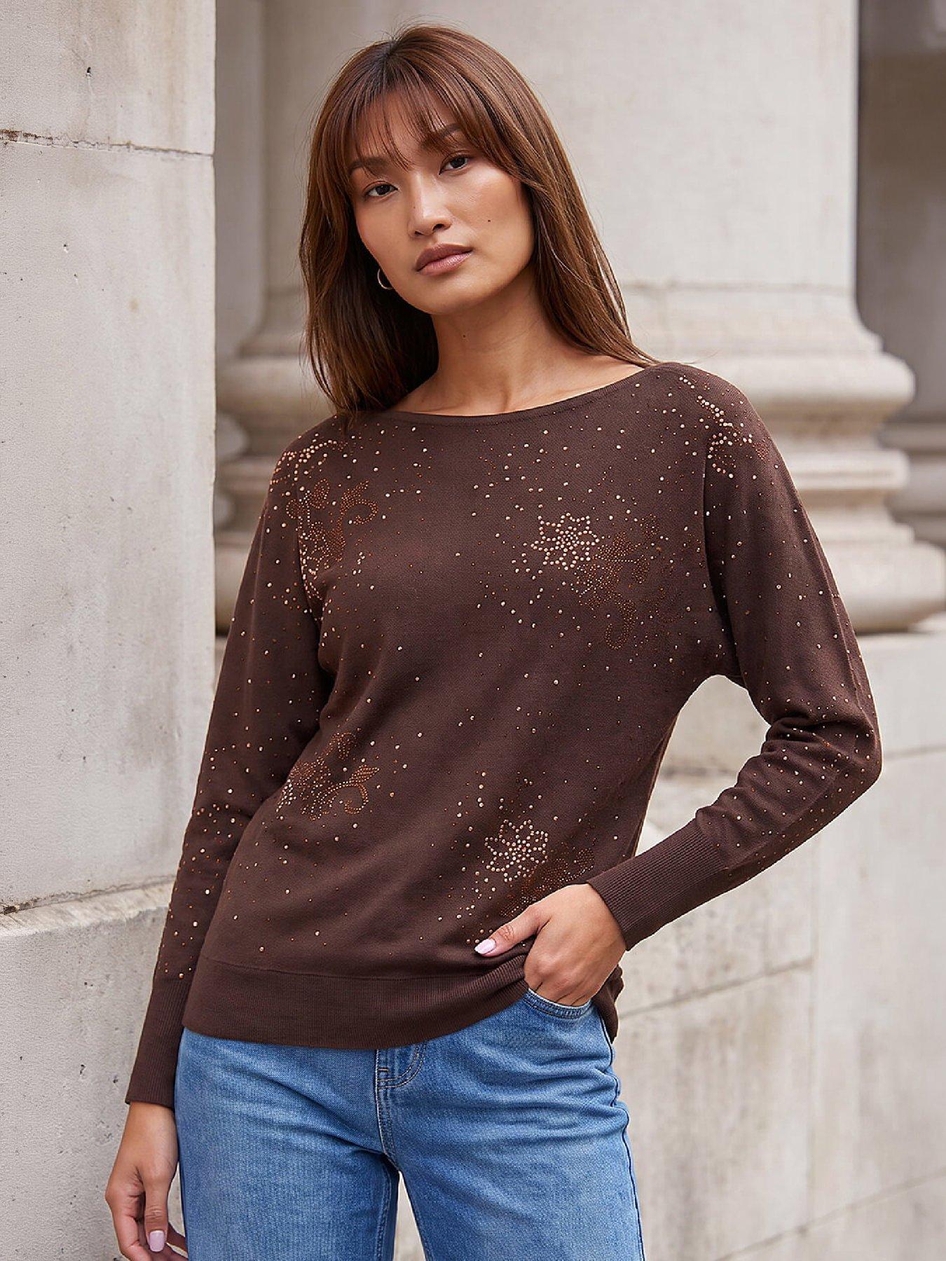 Roman Women's Chocolate Floral Sparkly Knit Jumper In | Size: 16 - Image 2