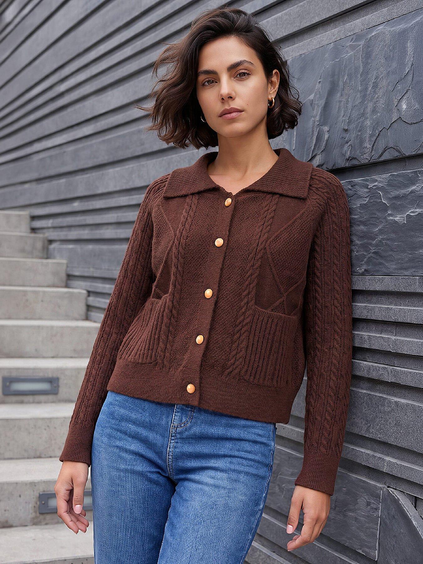 Roman Chunky Cable Cardigan, Brown, Size 18, Women - Image 7