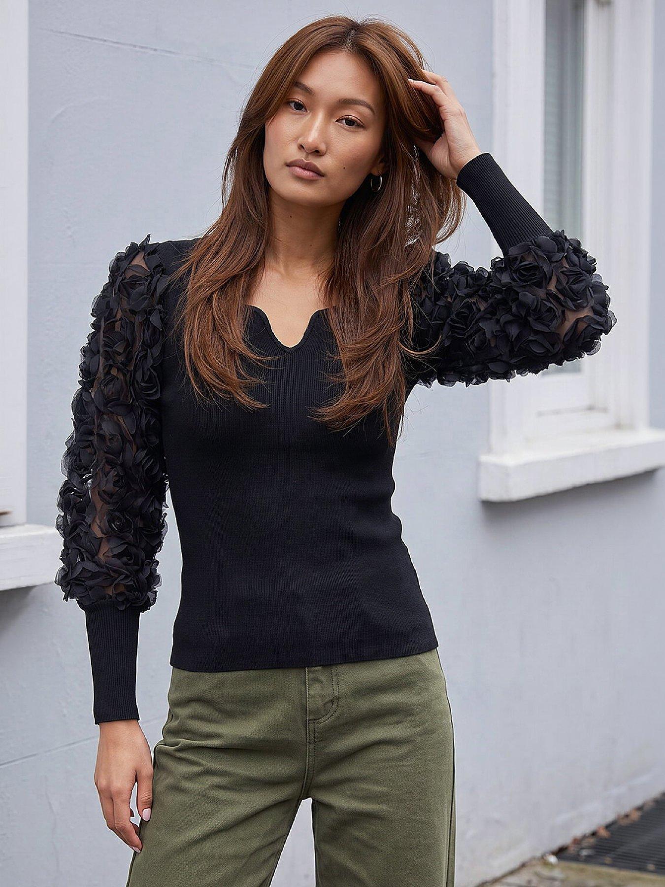 Roman Women's Black Lace Sleeve V-Neck Knit Top In Size 20 - Image 3