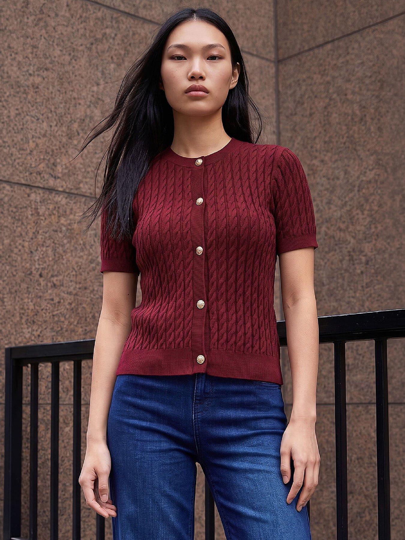 Dusk Women's Cable Knit Buttoned Top in Wine | Size: 16 - Image 2