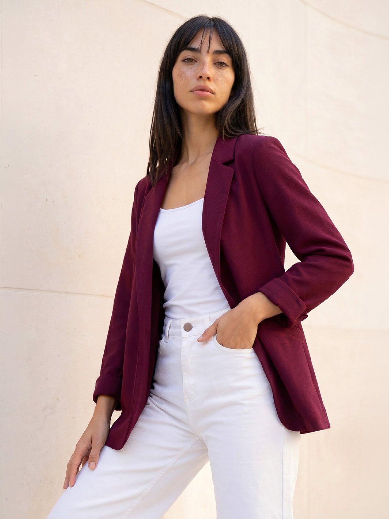 Image 1 of 4 of Roman Womens Petite Revere Collar Stretch Roll-Up Cuff Blazer - Red