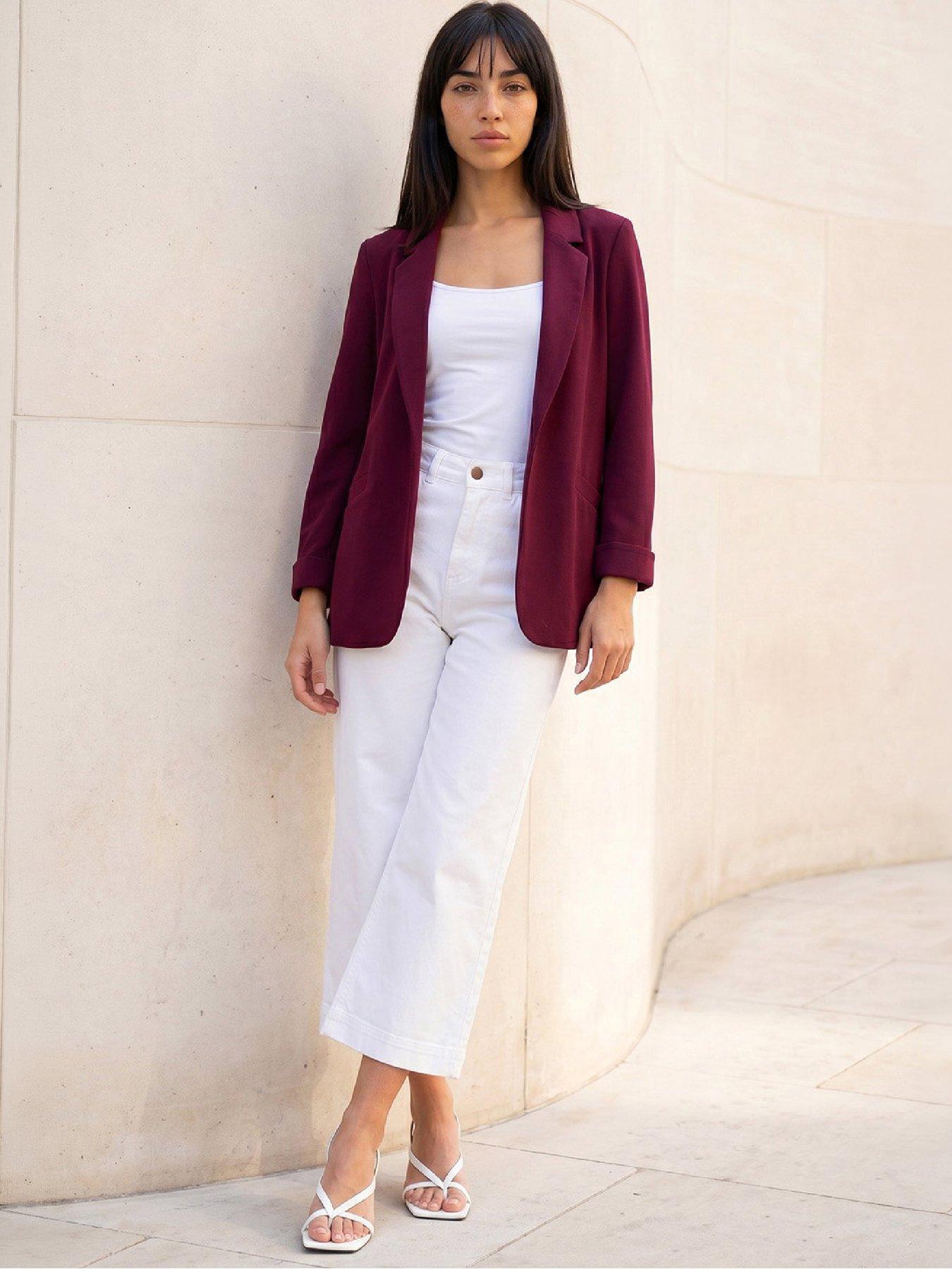 Image 3 of 4 of Roman Womens Petite Revere Collar Stretch Roll-Up Cuff Blazer - Red