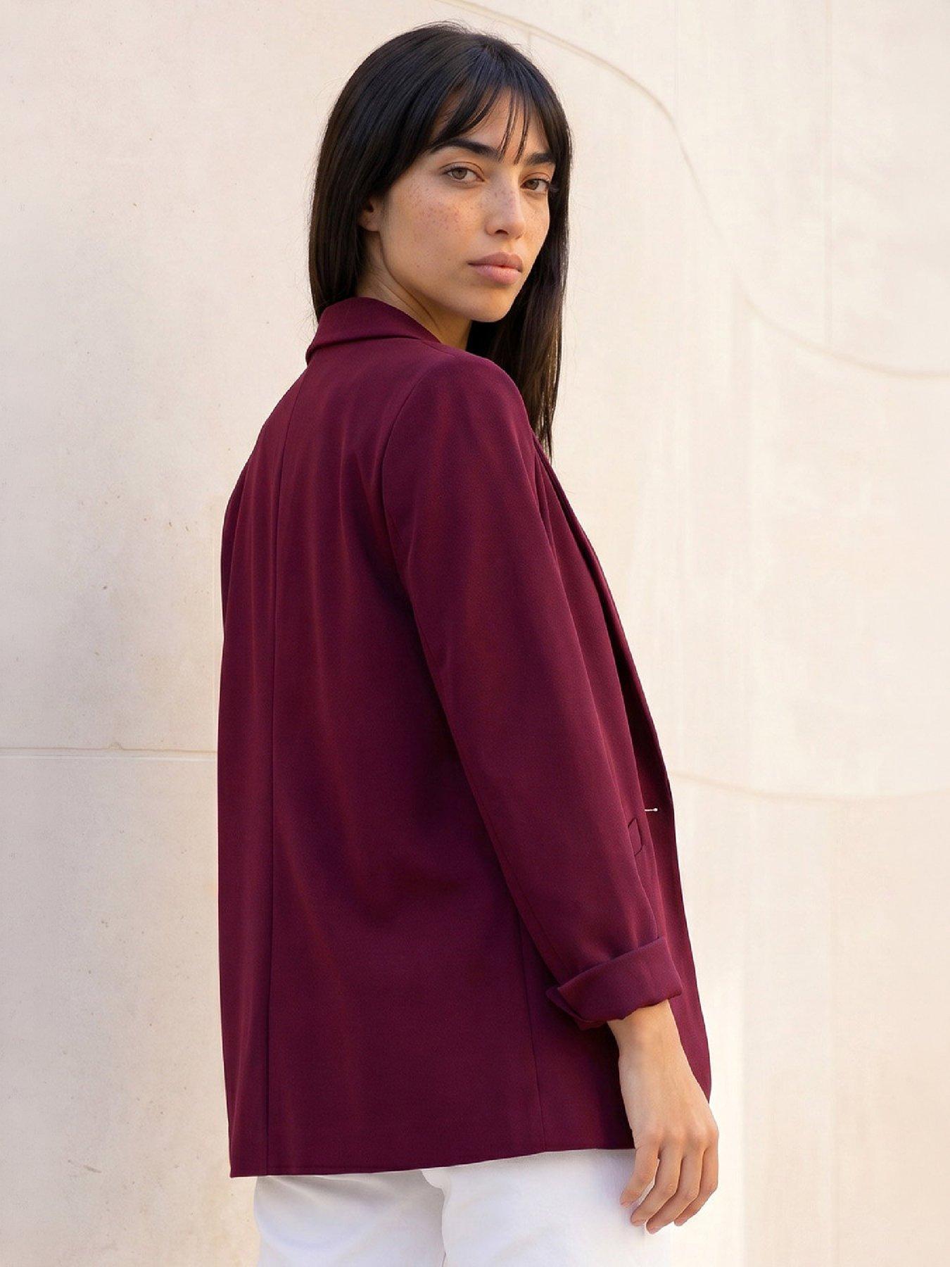 Image 4 of 4 of Roman Womens Petite Revere Collar Stretch Roll-Up Cuff Blazer - Red