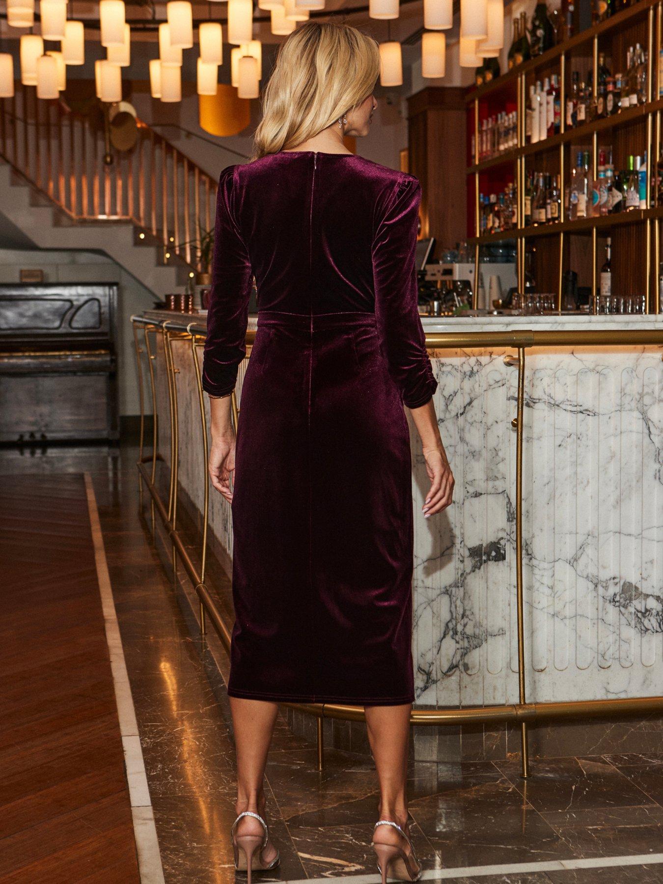 Image 2 of 6 of Sosandar Womens Luxe Velvet Belted Wrap Front Midi Dress - Red