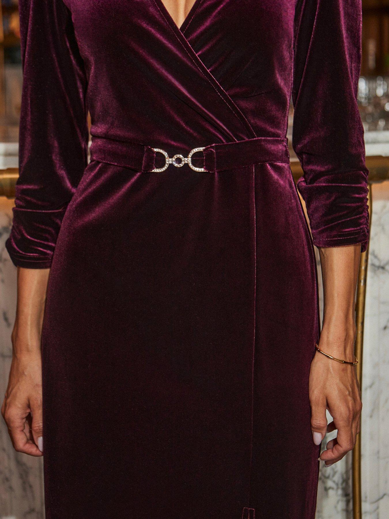 Image 4 of 6 of Sosandar Womens Luxe Velvet Belted Wrap Front Midi Dress - Red