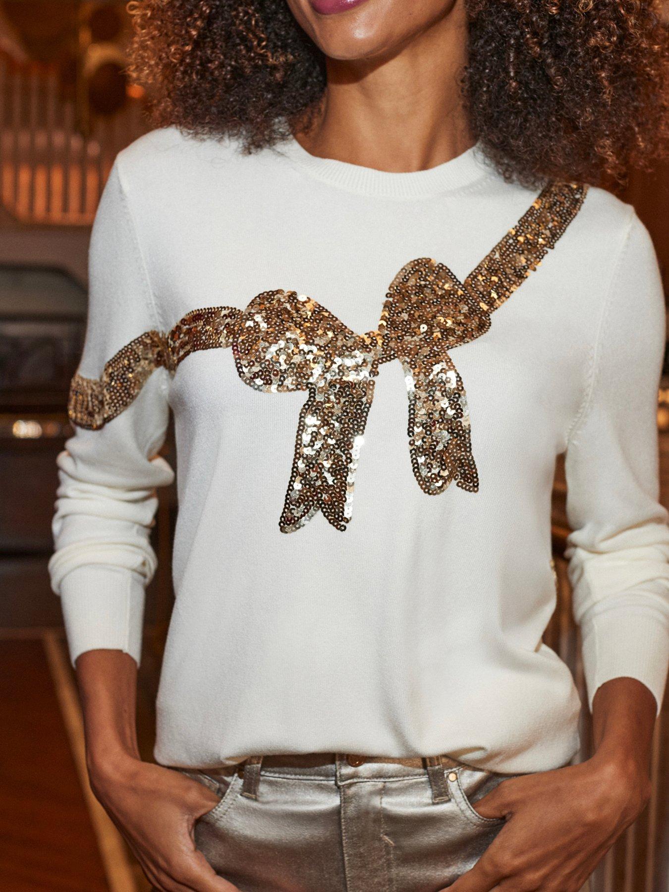 Image 1 of 6 of Sosandar Womens Sequin Bow Knit Jumper - Gold