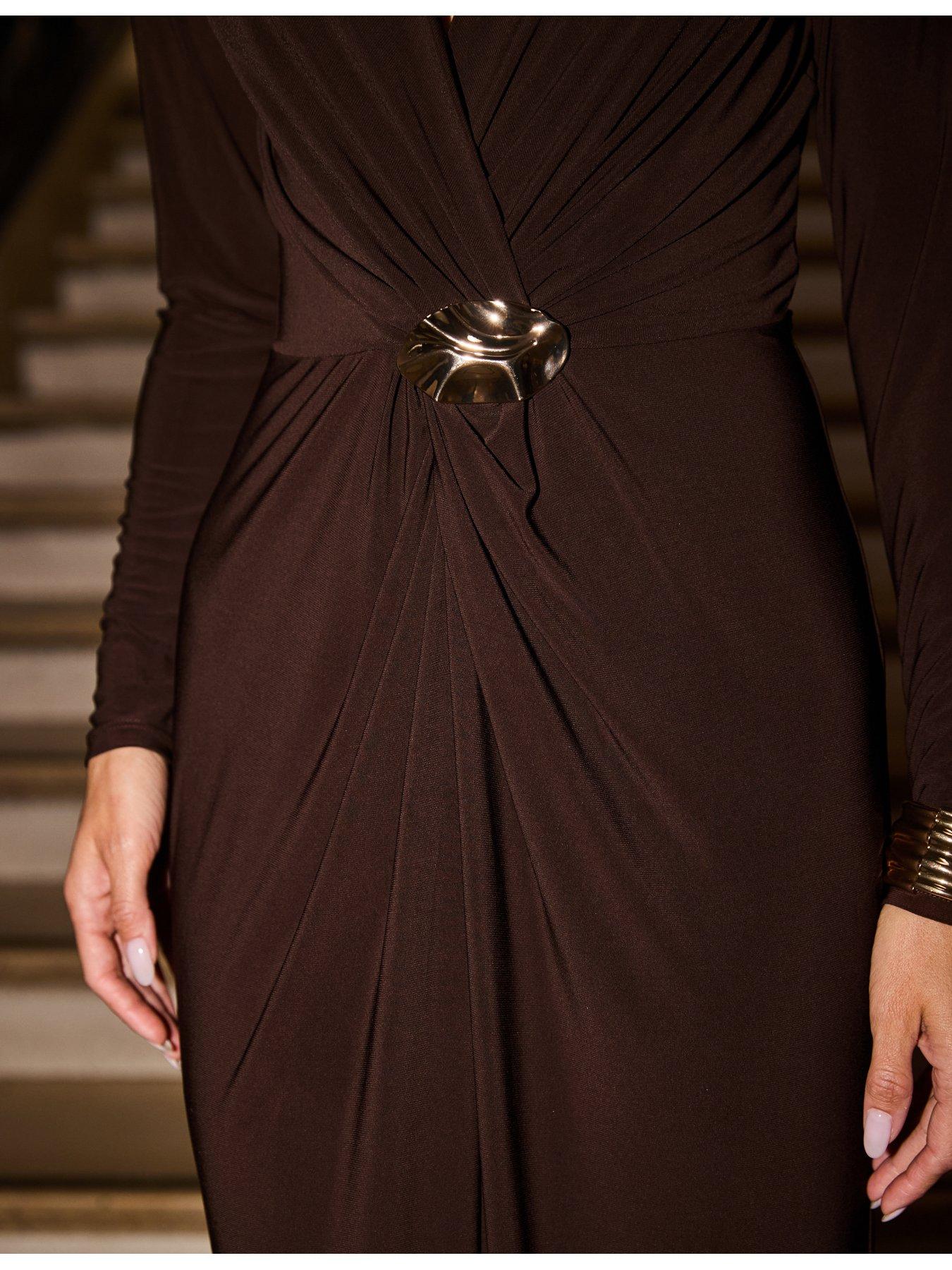 Image 3 of 4 of Sosandar Womens Tie Neck Twist Front Gold Detail Dress - Brown