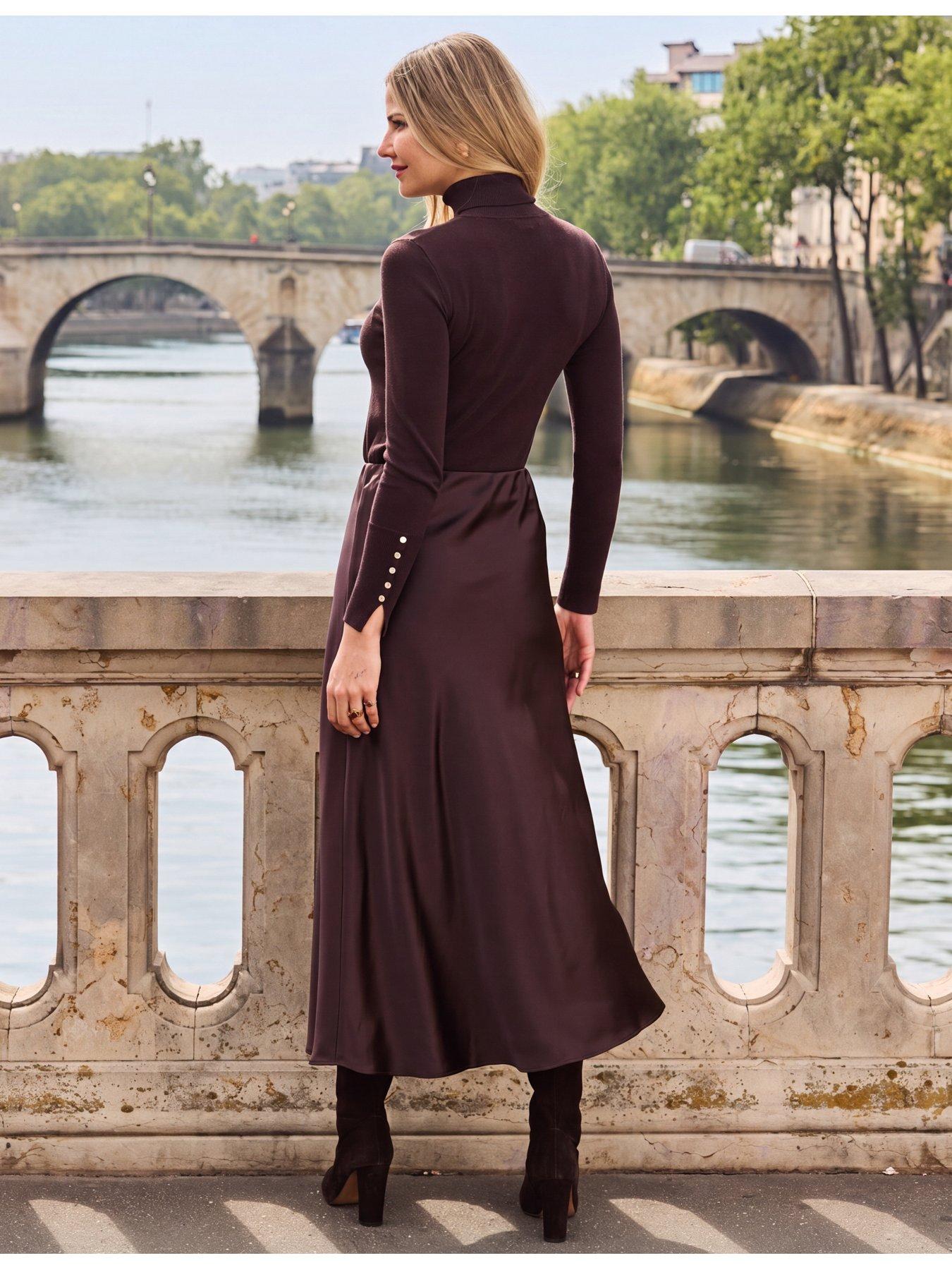 Image 3 of 4 of Sosandar Womens Satin-Look Elasticated Waist Midi Slip Skirt - Brown