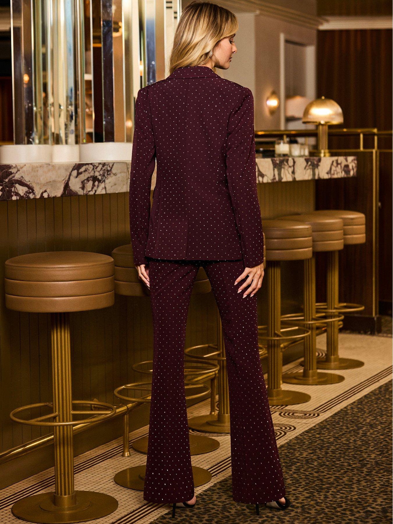 Image 2 of 6 of Sosandar Womens Luxury Diamante Stud Kick Flare Trousers - Purple