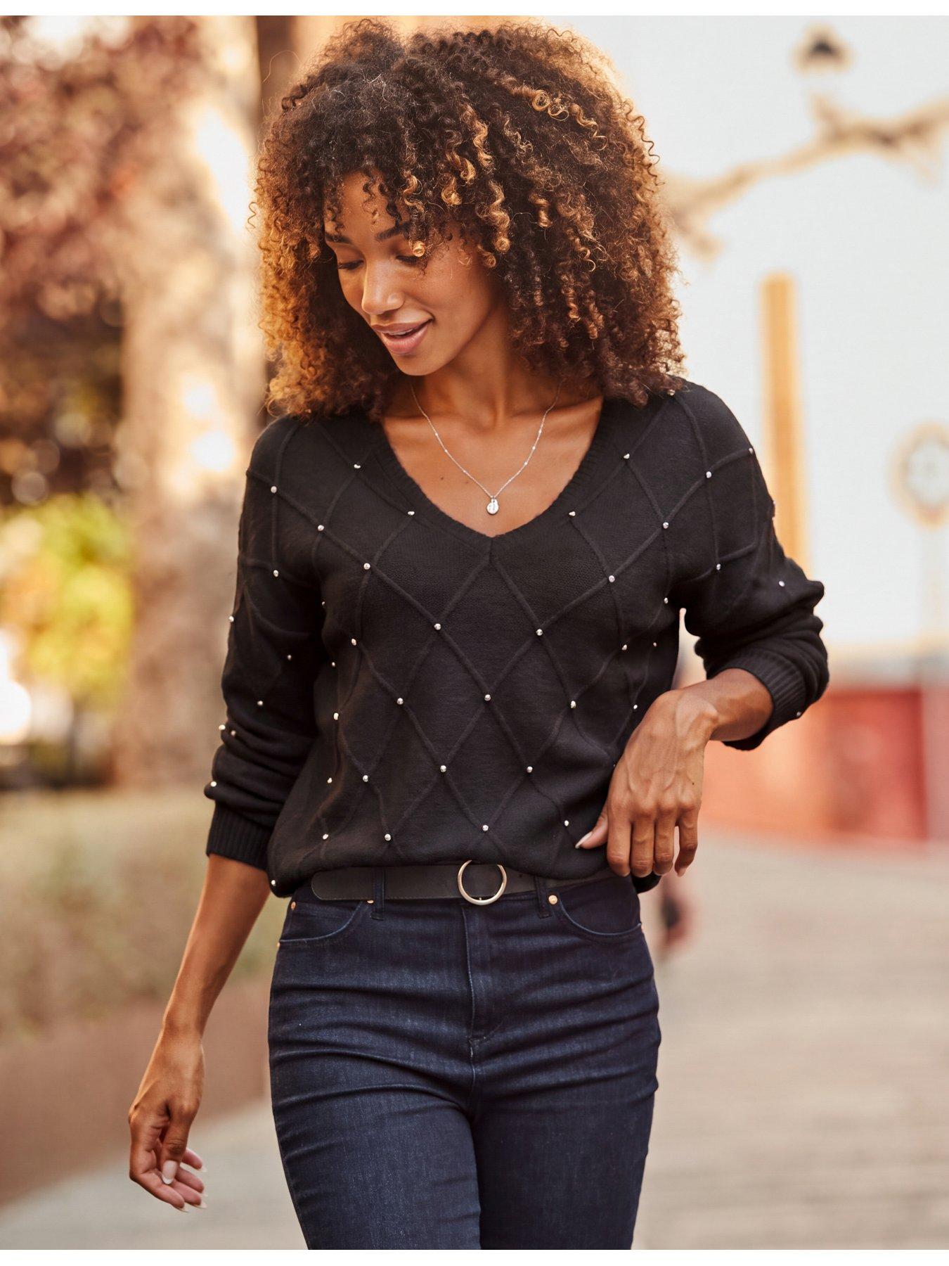 Image 1 of 5 of Sosandar Womens Pointelle Diamante V-Neck Jumper - Black