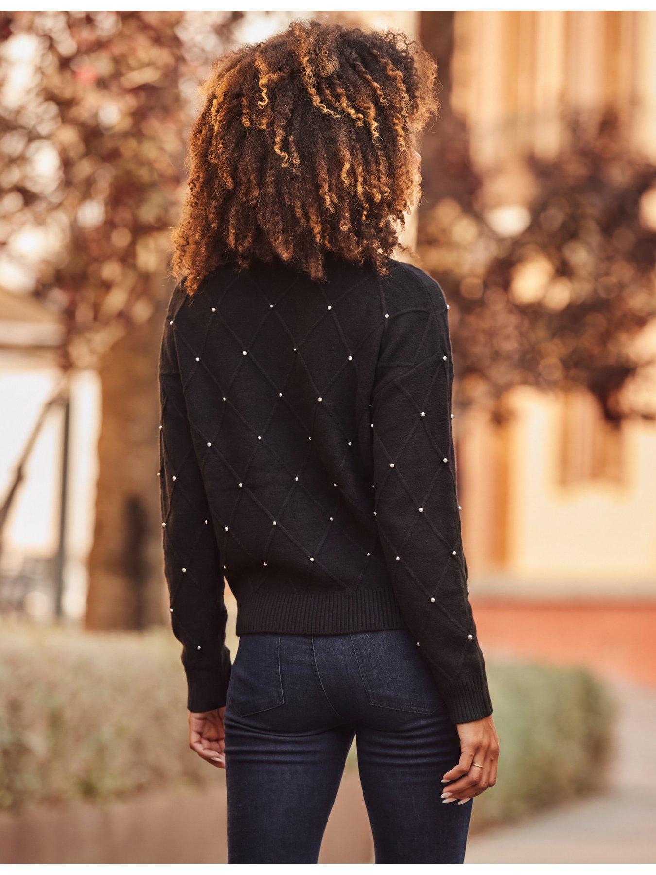 Image 2 of 5 of Sosandar Womens Pointelle Diamante V-Neck Jumper - Black