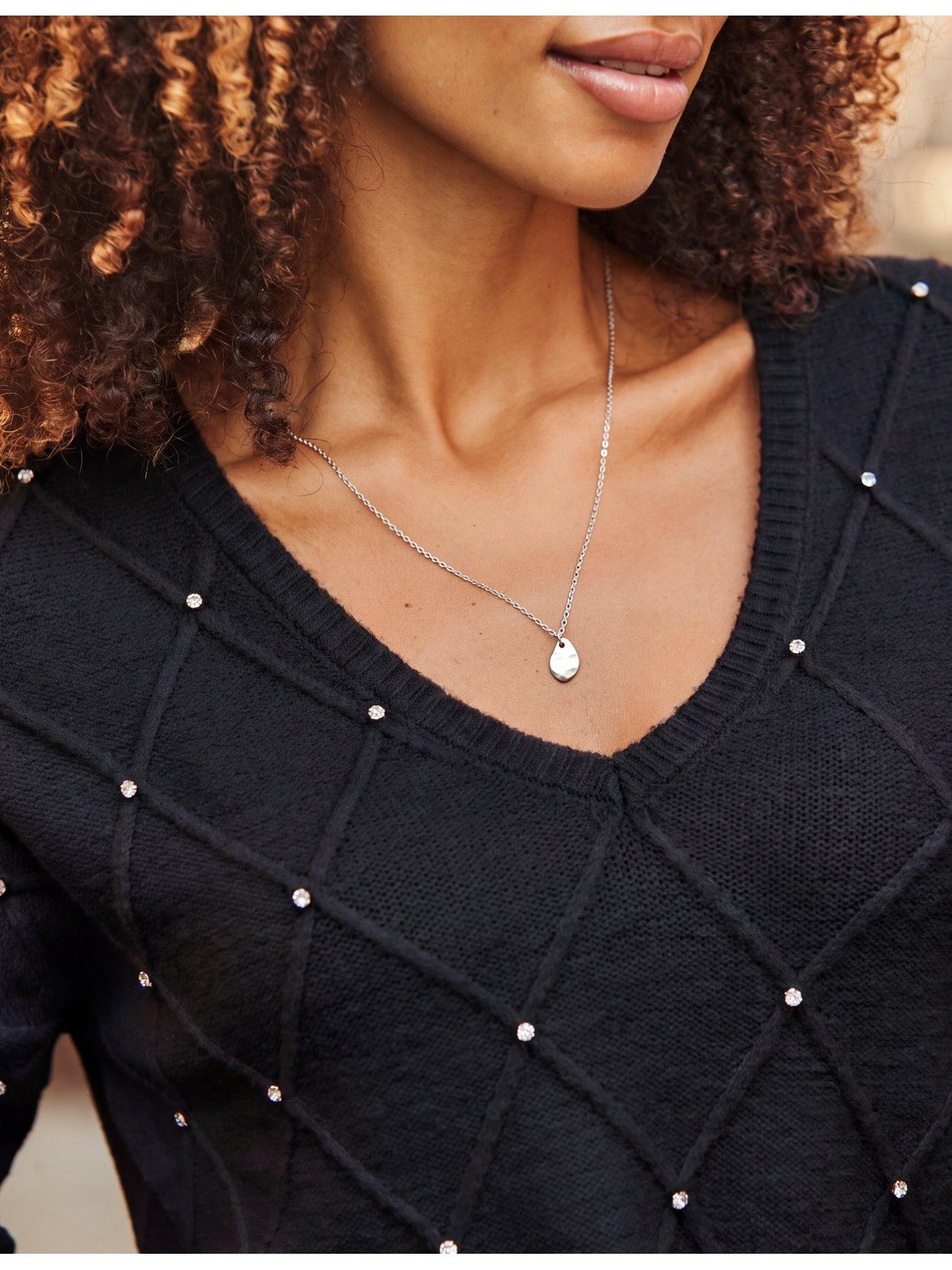 Image 3 of 5 of Sosandar Womens Pointelle Diamante V-Neck Jumper - Black