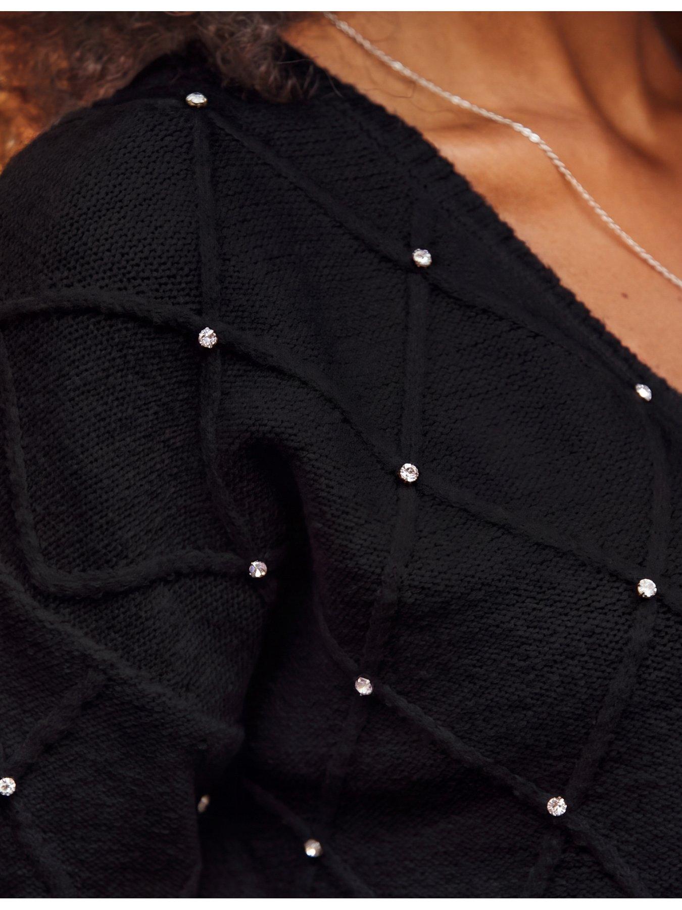 Image 4 of 5 of Sosandar Womens Pointelle Diamante V-Neck Jumper - Black