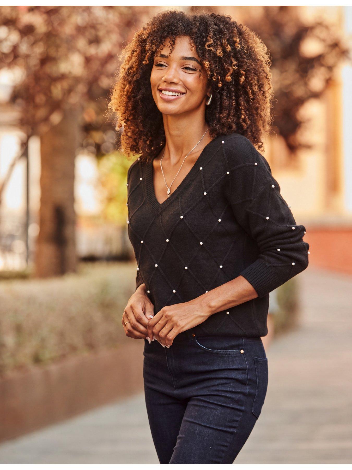 Image 5 of 5 of Sosandar Womens Pointelle Diamante V-Neck Jumper - Black