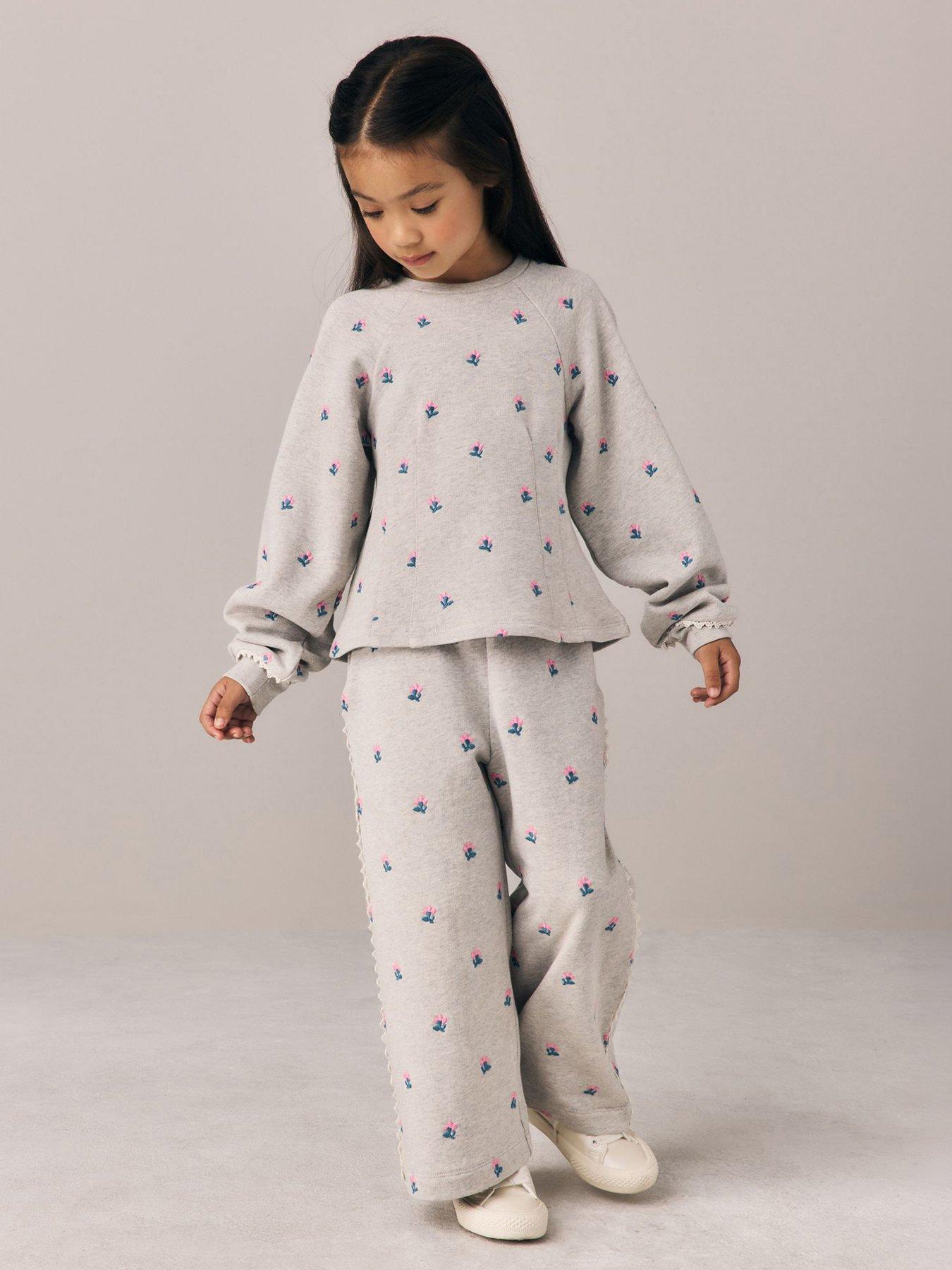 Image 1 of 7 of Laura Ashley Girls Embroidered Floral Sweatshirt Set - Grey