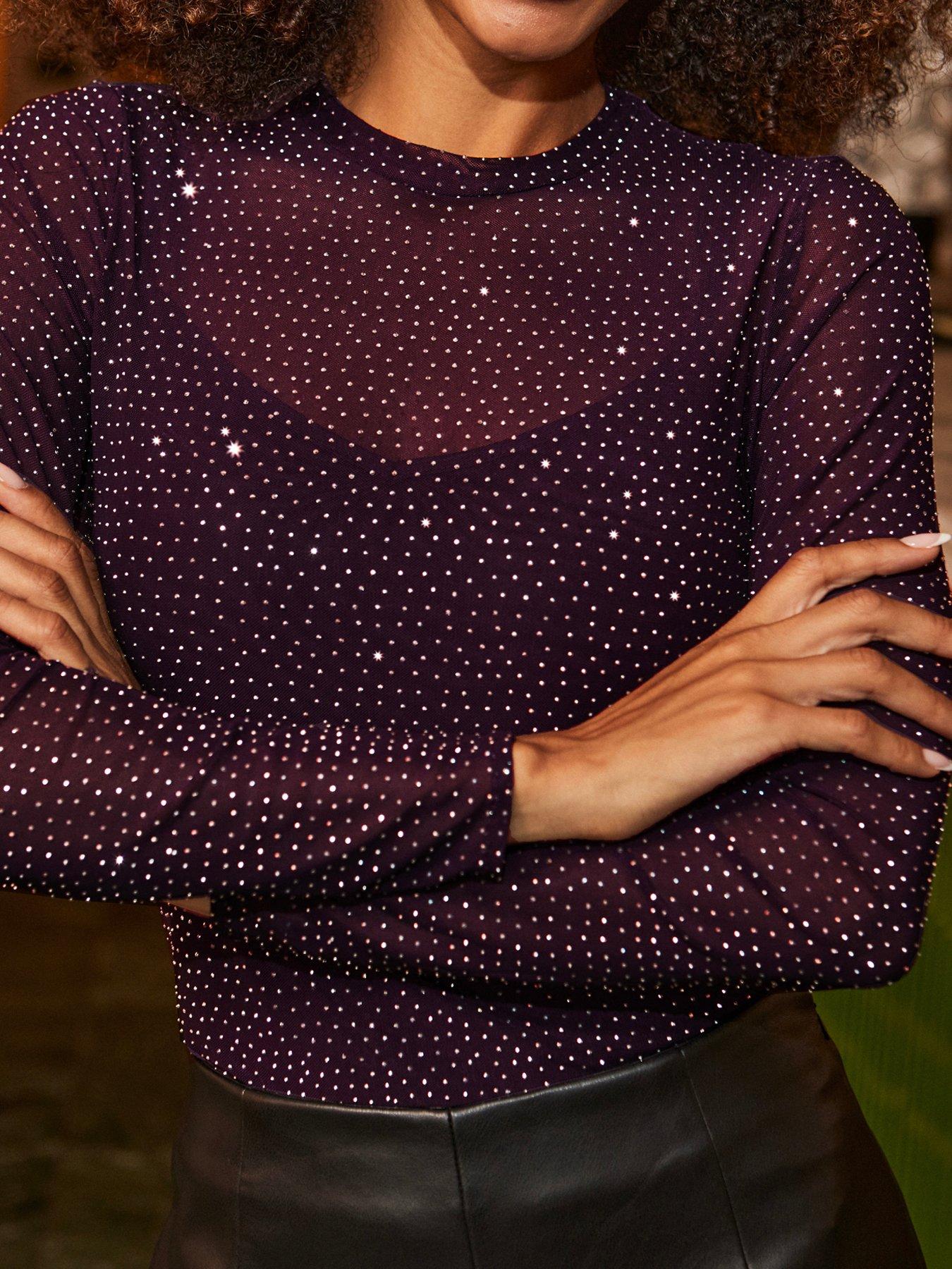 Image 3 of 5 of Sosandar Womens Sparkle Mesh Lined Long Sleeve Blouse - Purple