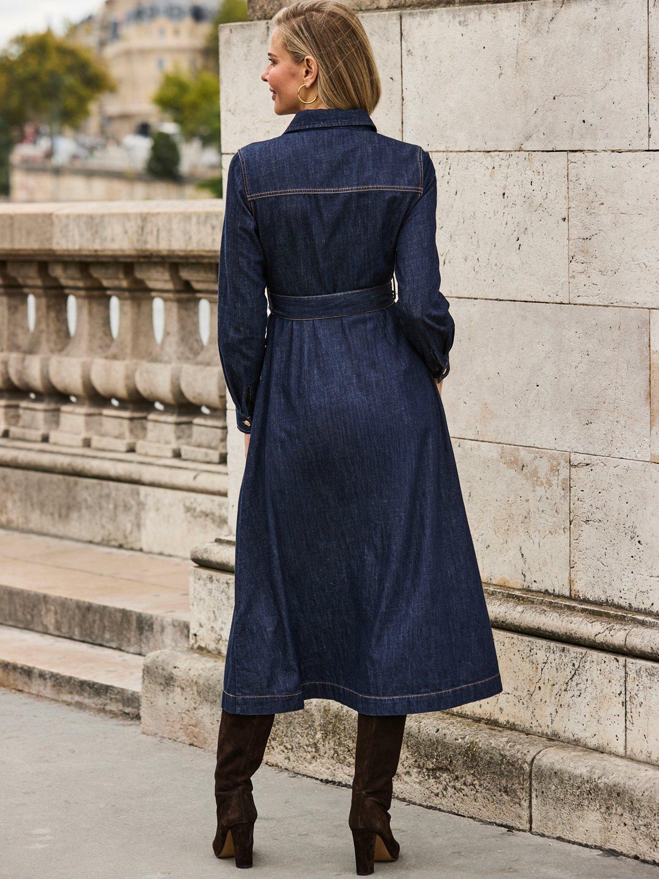 Image 2 of 6 of Sosandar Womens Button Front Belted Fit &amp; Flare Denim Dress - Blue
