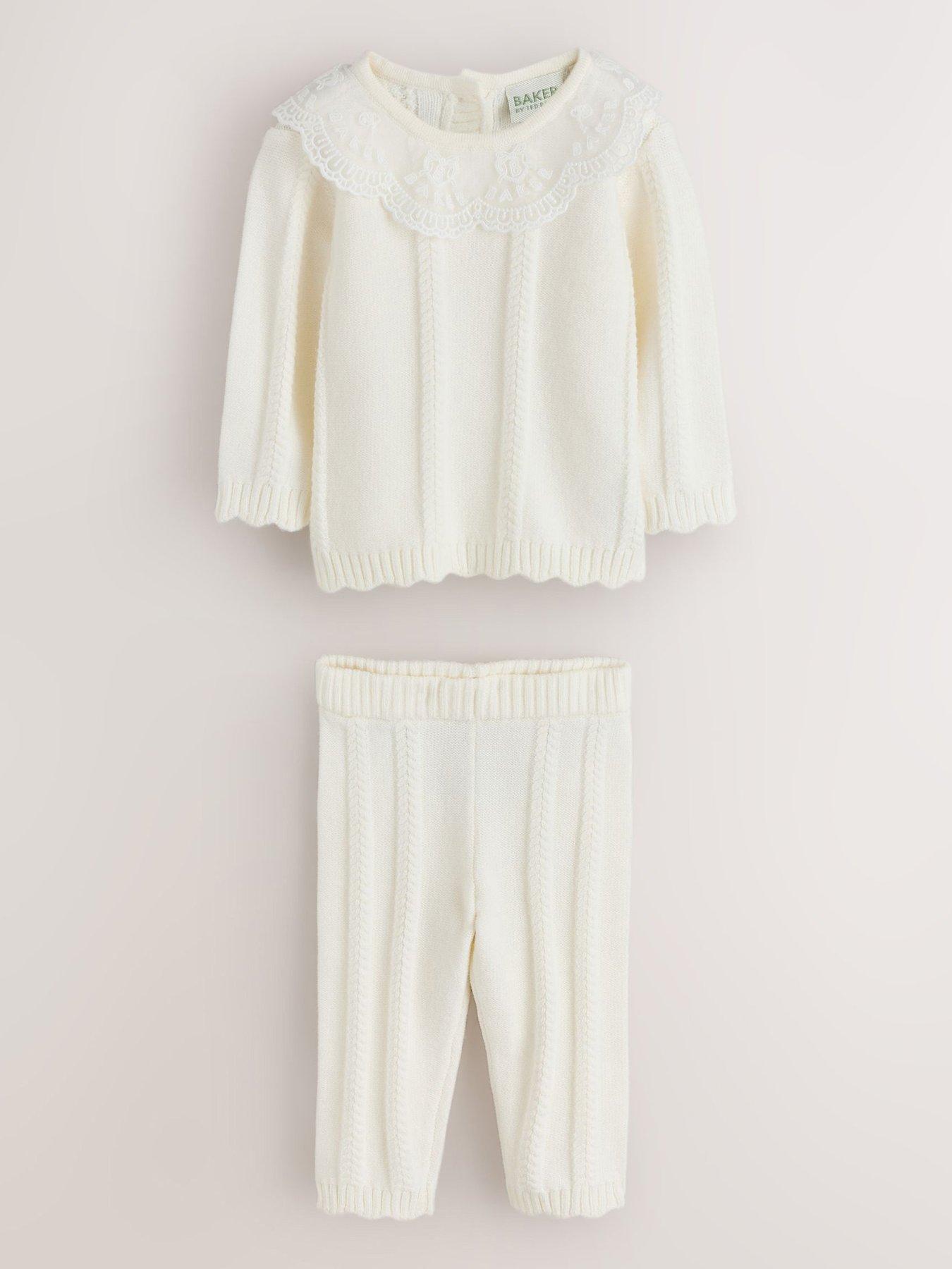 Image 1 of 6 of Ted Baker Girls Knitted Set Organza Collar 2 Piece Outfit - Off White