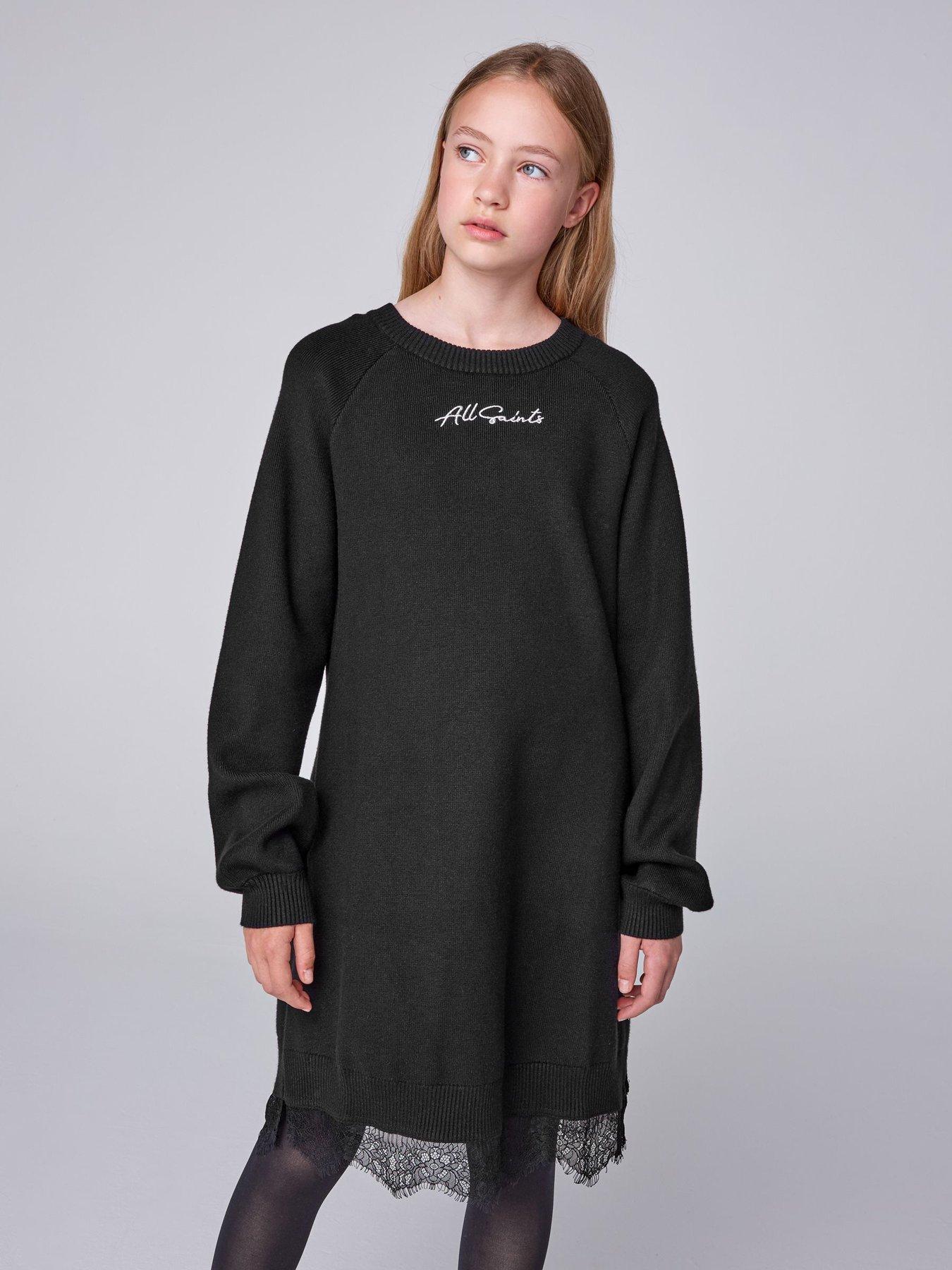 Image 1 of 7 of smALLSAINTS Girls Lee Lace Hem Logo Knitted Dress - Black