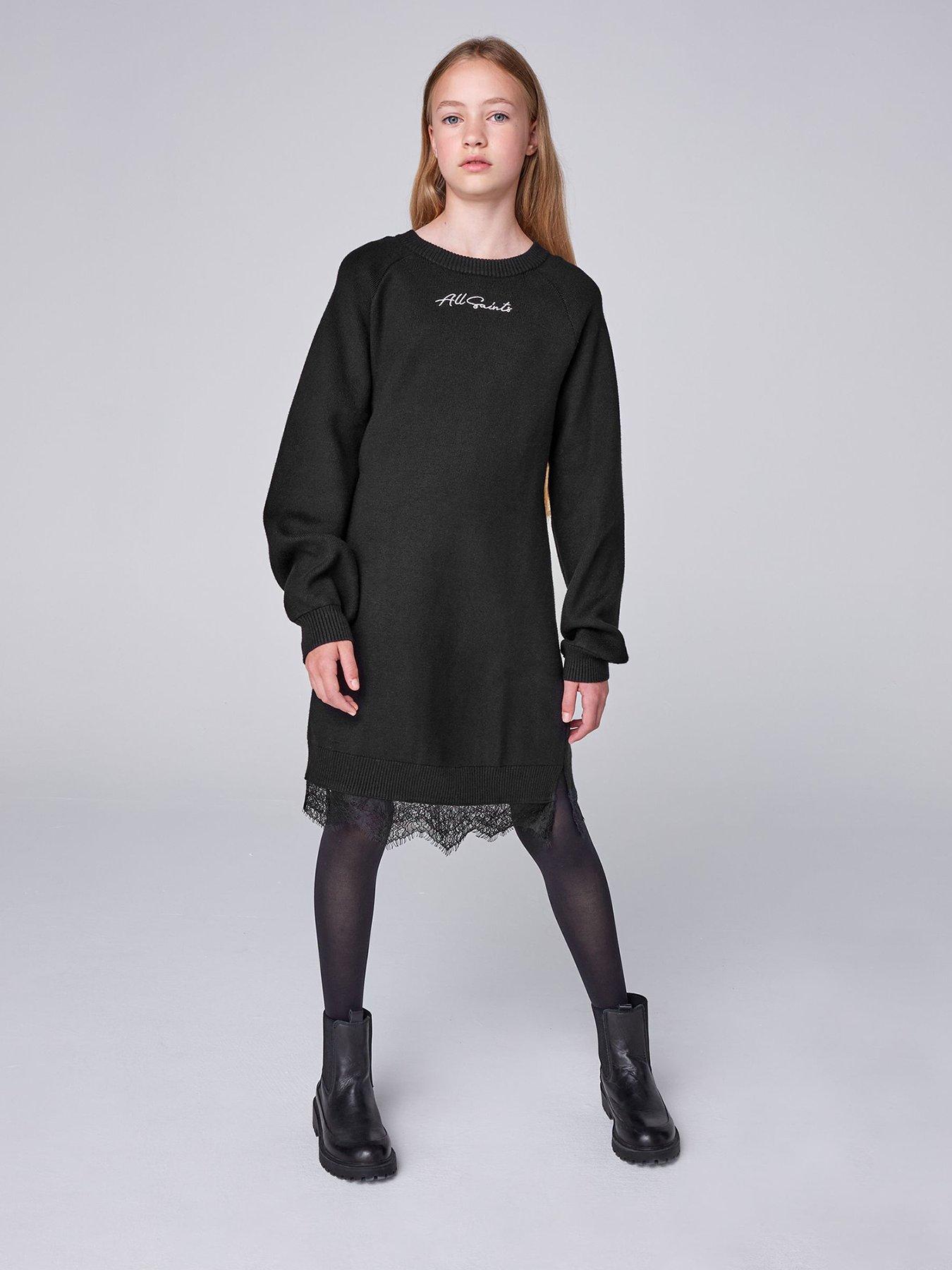Image 2 of 7 of smALLSAINTS Girls Lee Lace Hem Logo Knitted Dress - Black