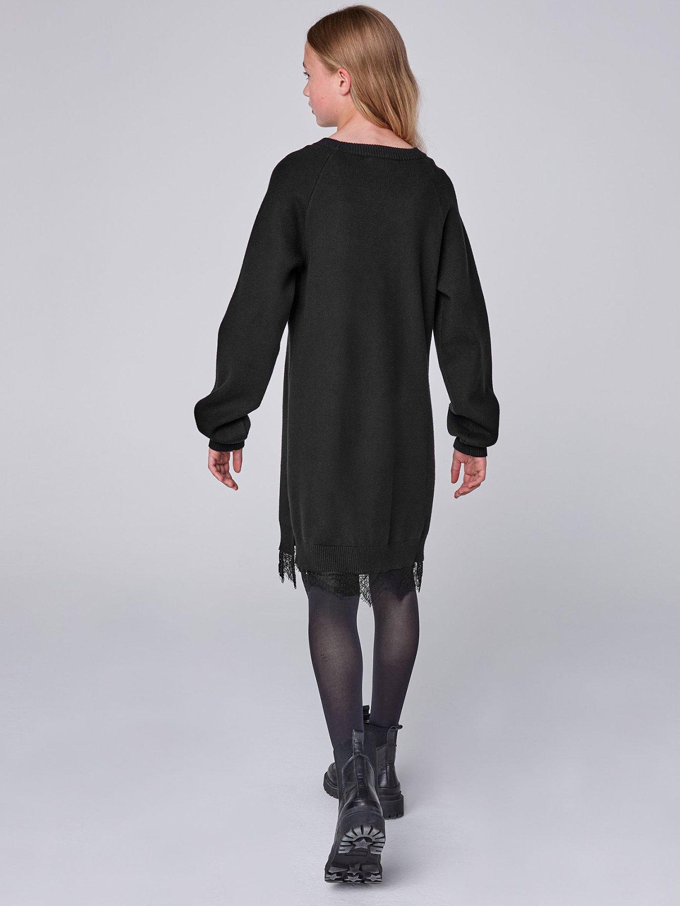 Image 3 of 7 of smALLSAINTS Girls Lee Lace Hem Logo Knitted Dress - Black